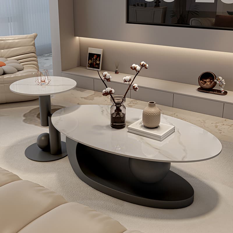 Modern Oval Stone Top Coffee Table, Abstract Iron Base, Scratch Resistant thumbnail 6