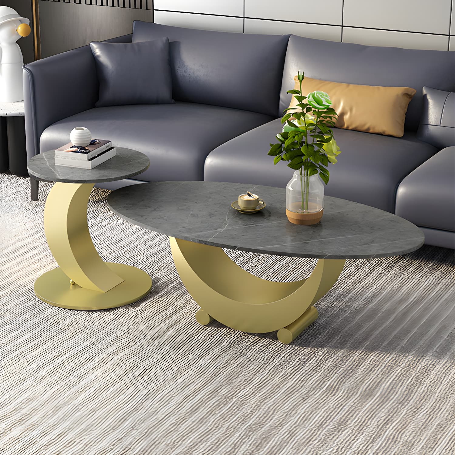 2 Piece Nesting Tables Oval Minimalist Modern Coffee Table Set thumbnail 11