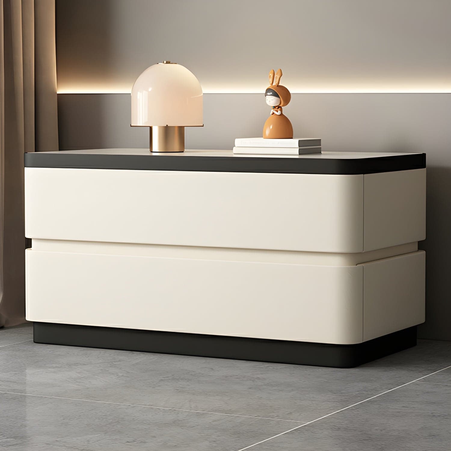 Modern Faux Leather Nightstand with 2 Drawers and Stone Countertop for Bedroom thumbnail 7