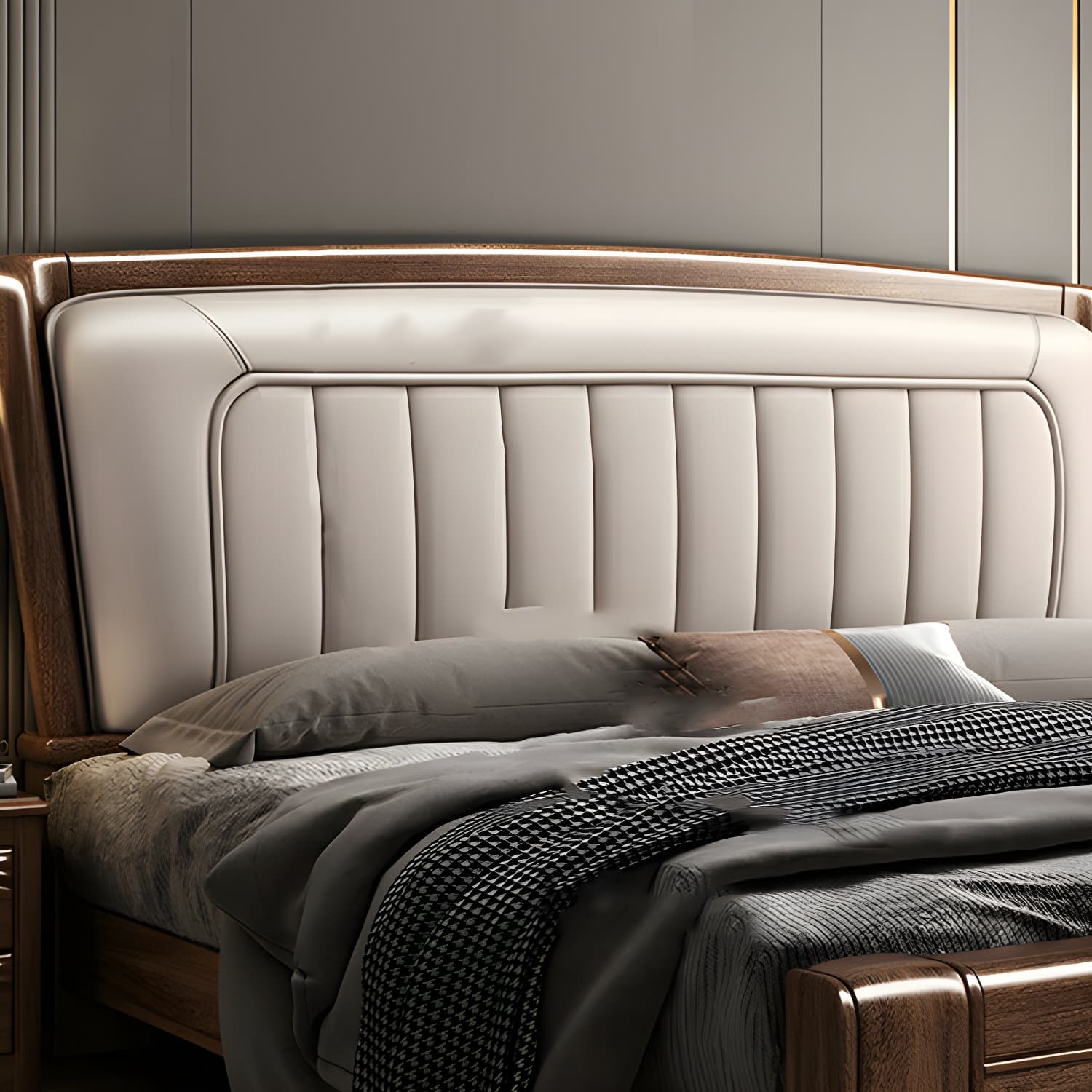 Traditional Walnut Wood Brown Bed with Rectangular Upholstered Headboard for Bedroom thumbnail 4