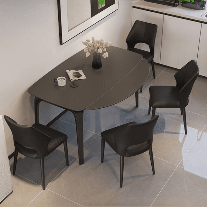 Dining Table Set with Slate Stone Top, Fold-away Leaf, Padded Chair with Back for 6 People in Midnight Black thumbnail 2