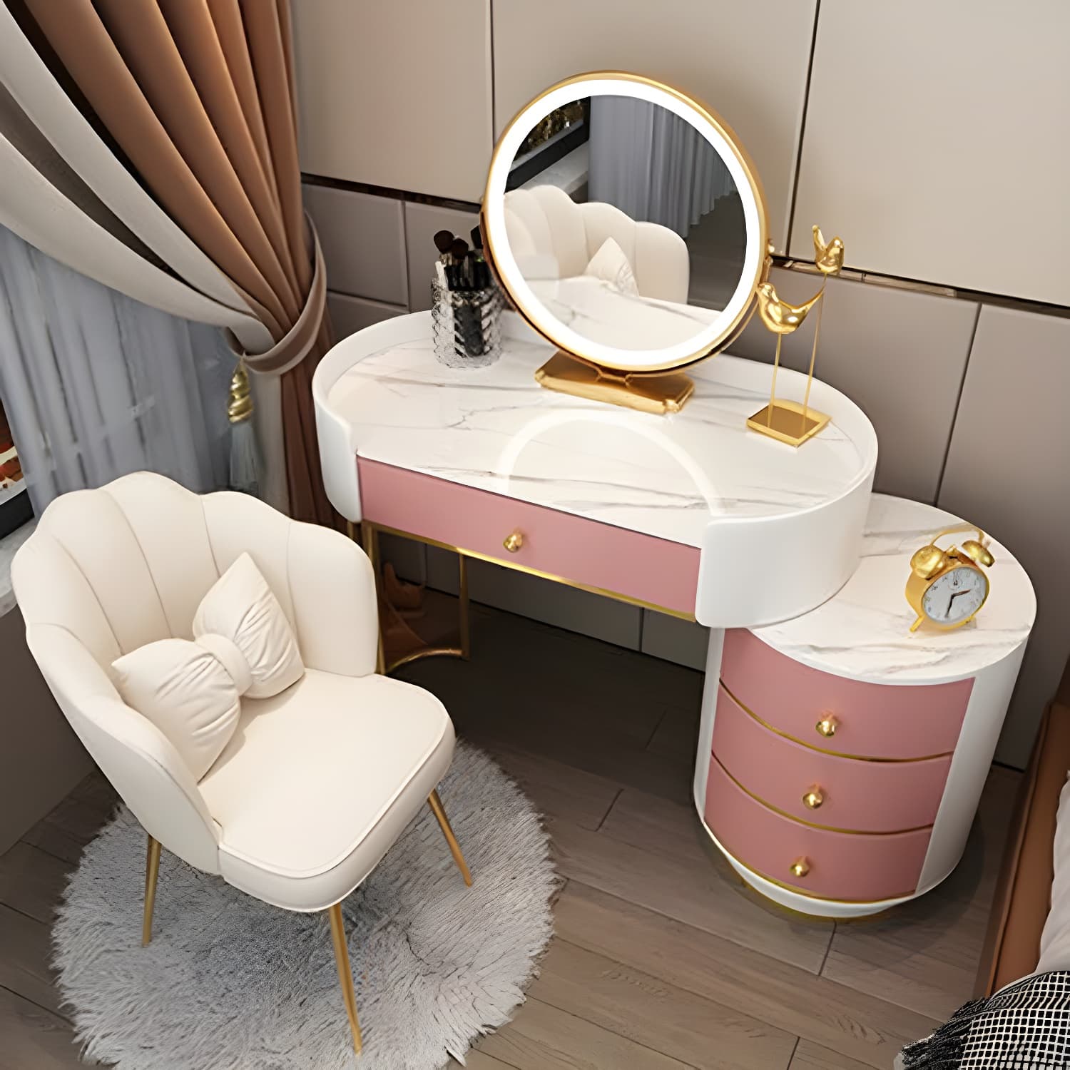 Wooden Makeup Vanity Desk Bedroom Dressing Table Stool Set with Drawer thumbnail 3