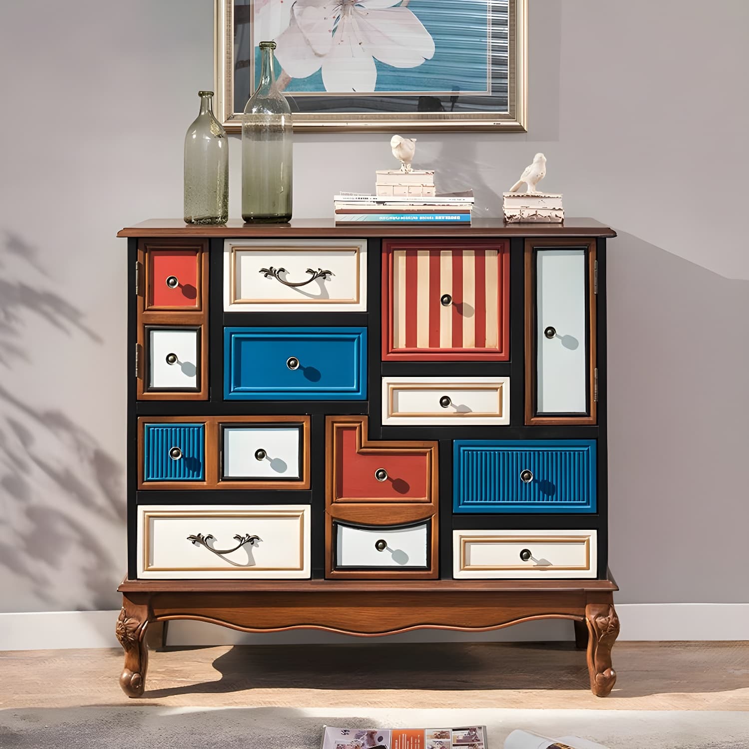 Industrial Painted Accent Cabinet with Drawers Solid Wood Chest thumbnail 18