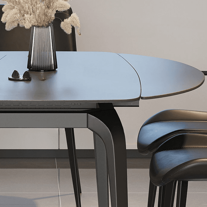 Dining Table Set with Slate Stone Top, Fold-away Leaf, Padded Chair with Back for 6 People in Midnight Black thumbnail 9