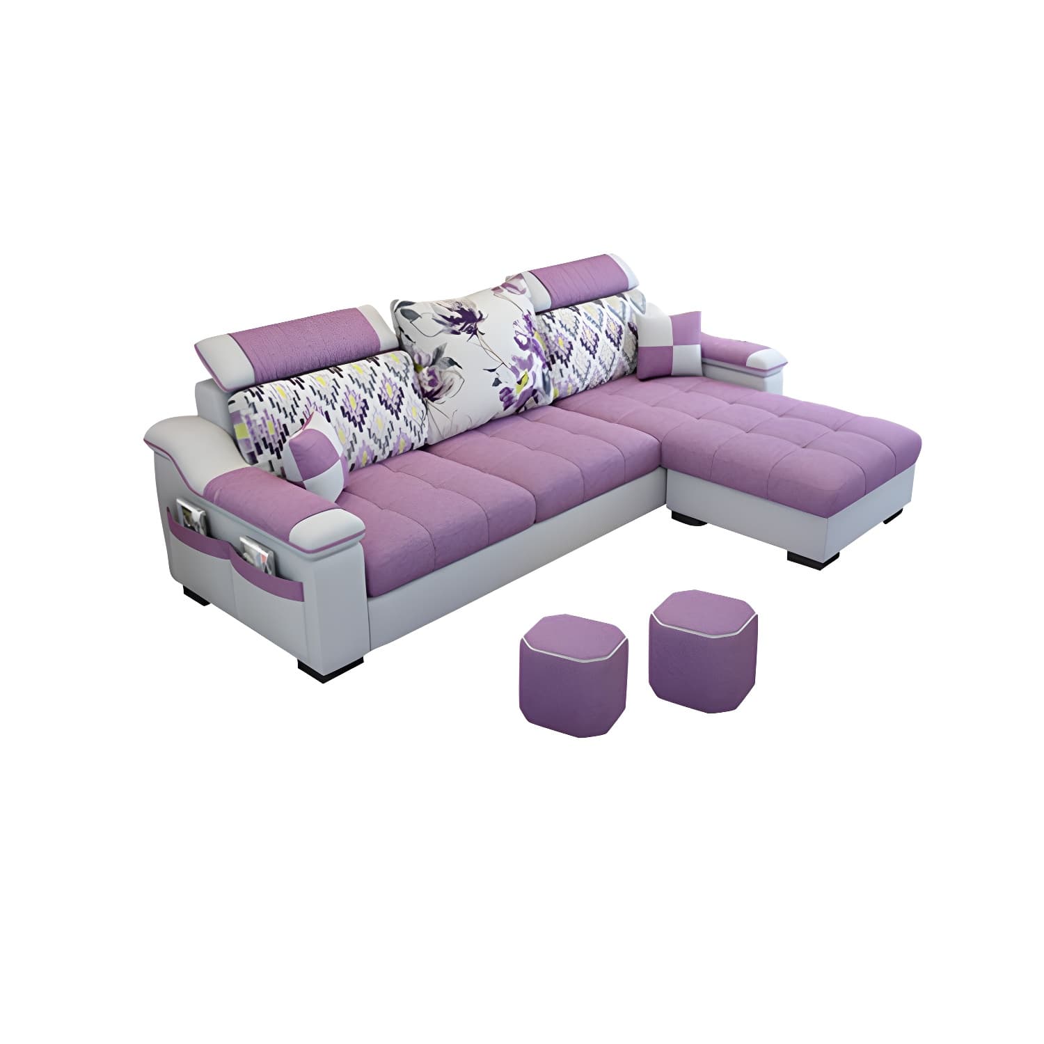 Modern Reversible Straight Sectional Sofa with Ottoman in Linen Upholstery, Sloped Arms thumbnail 4