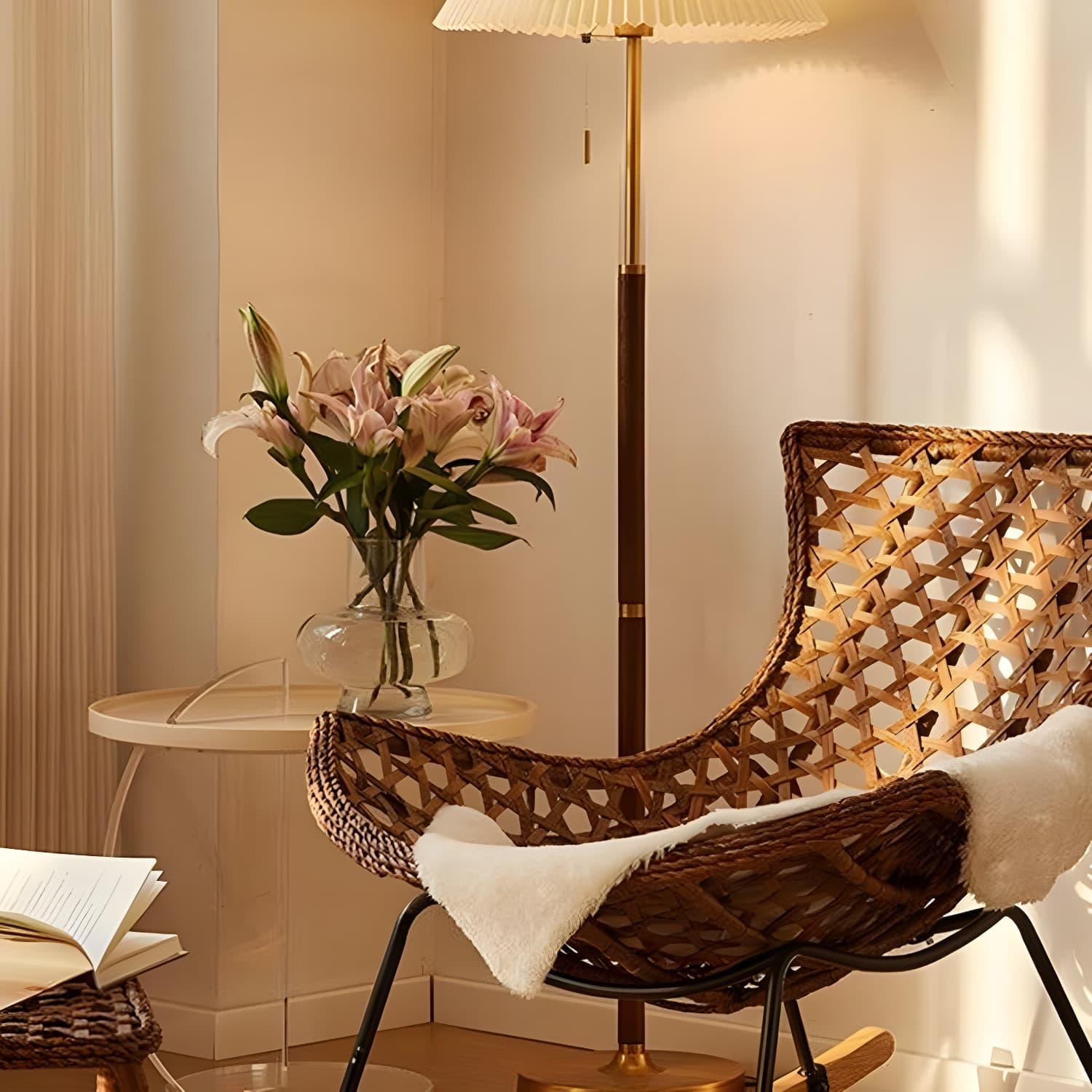 Traditional Armless Design Indoor Rocking Chair with rattan Frame and Nature Wood Legs thumbnail 15