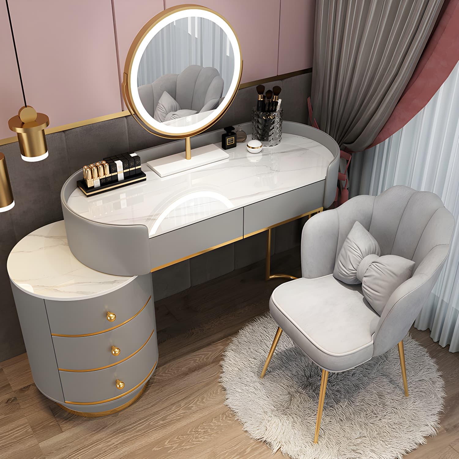 Wooden Makeup Vanity Desk Lighted Mirror Vanity Dressing Table Set with Drawer thumbnail 8