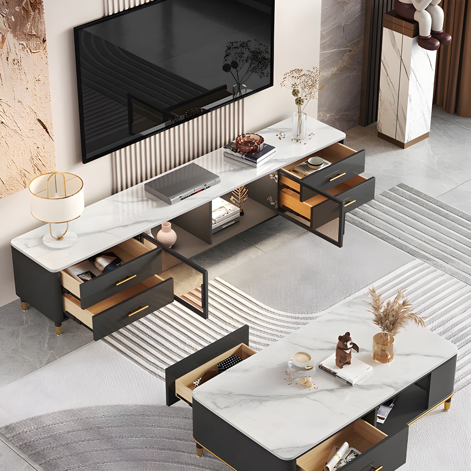 Stone Top Media Console Contemporary TV Media Stand with Metal Legs thumbnail 5