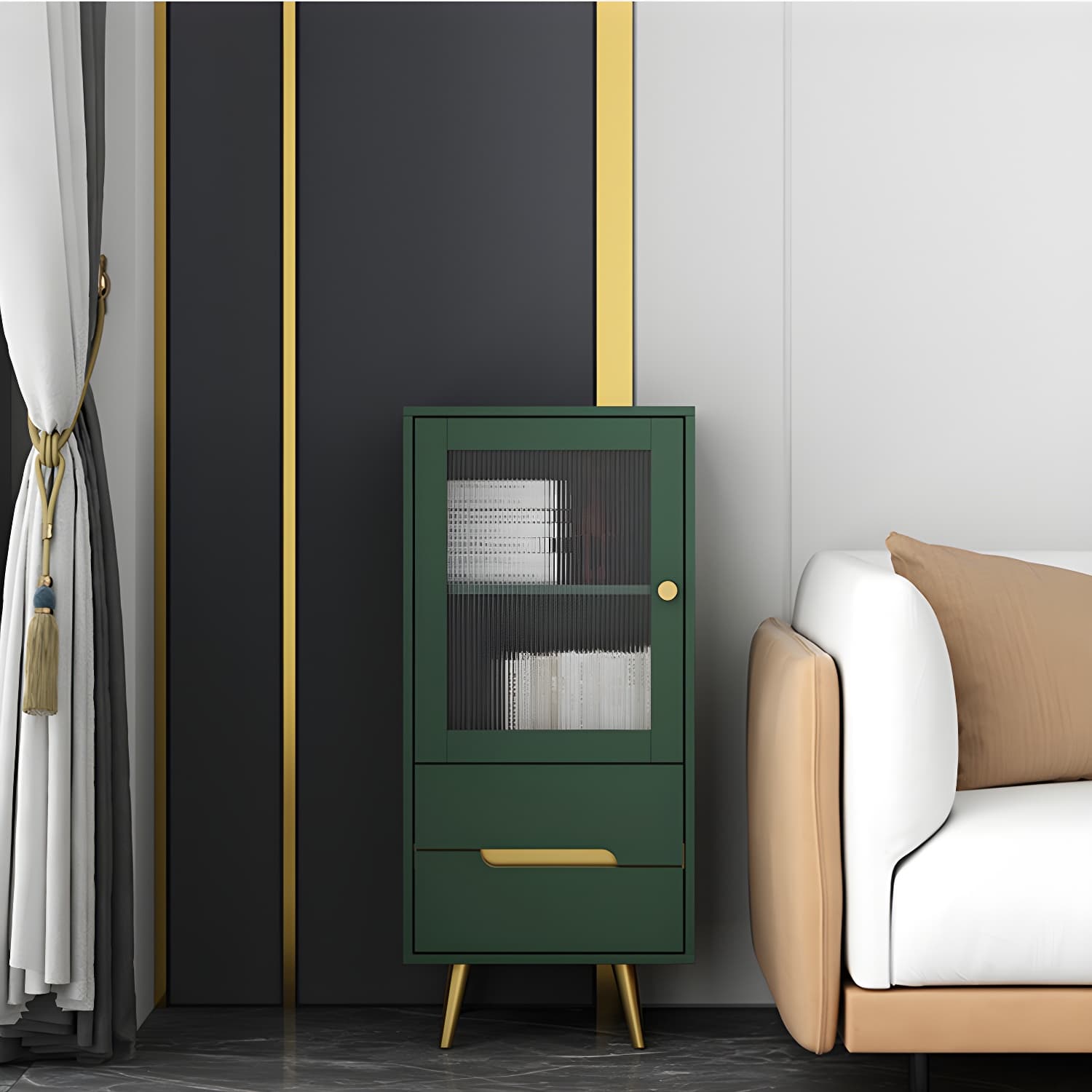 Modern Wooden Accent Cabinet with 2 Drawers and Glass Door Cabinet thumbnail 3