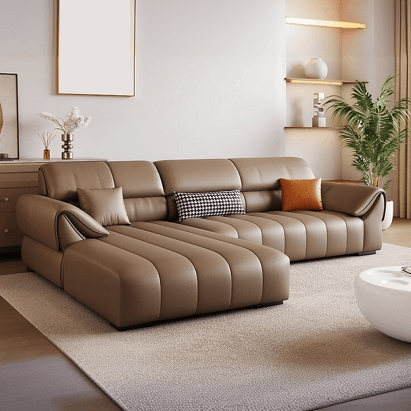 Elegant Light Brown Leather Standard Sofa/Single Sofa/Loveseat with Armrest and 3 Pillows thumbnail 1