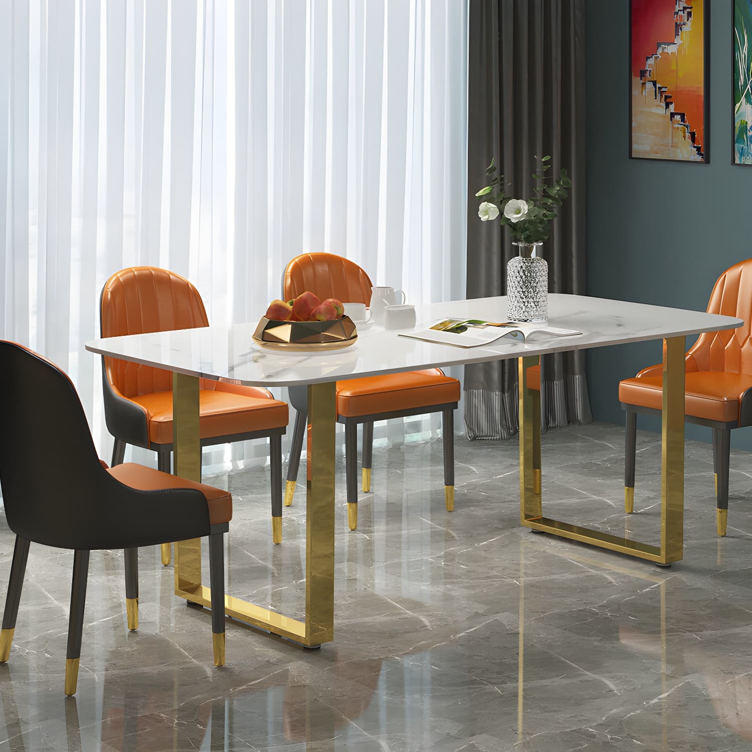 Marble Top Dining Table Modern Rectangle Dining Table with Sled Base thumbnail 10