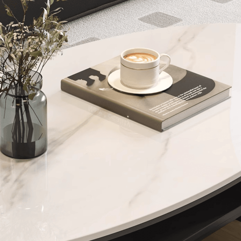 Single Board Game Coffee Table with Slate Top and Base, Elliptical Shape, 1 Drawer, and 1 Shelf thumbnail 7