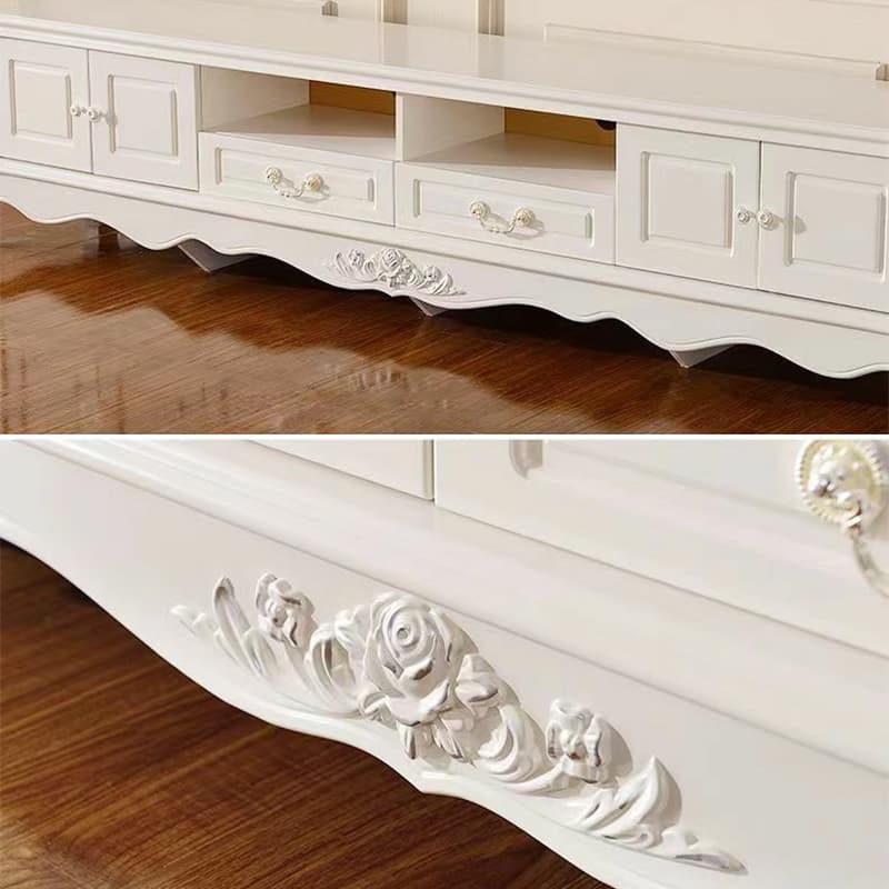 White Wood TV Stand with Drawers and Cabinets featuring Cable Management thumbnail 6
