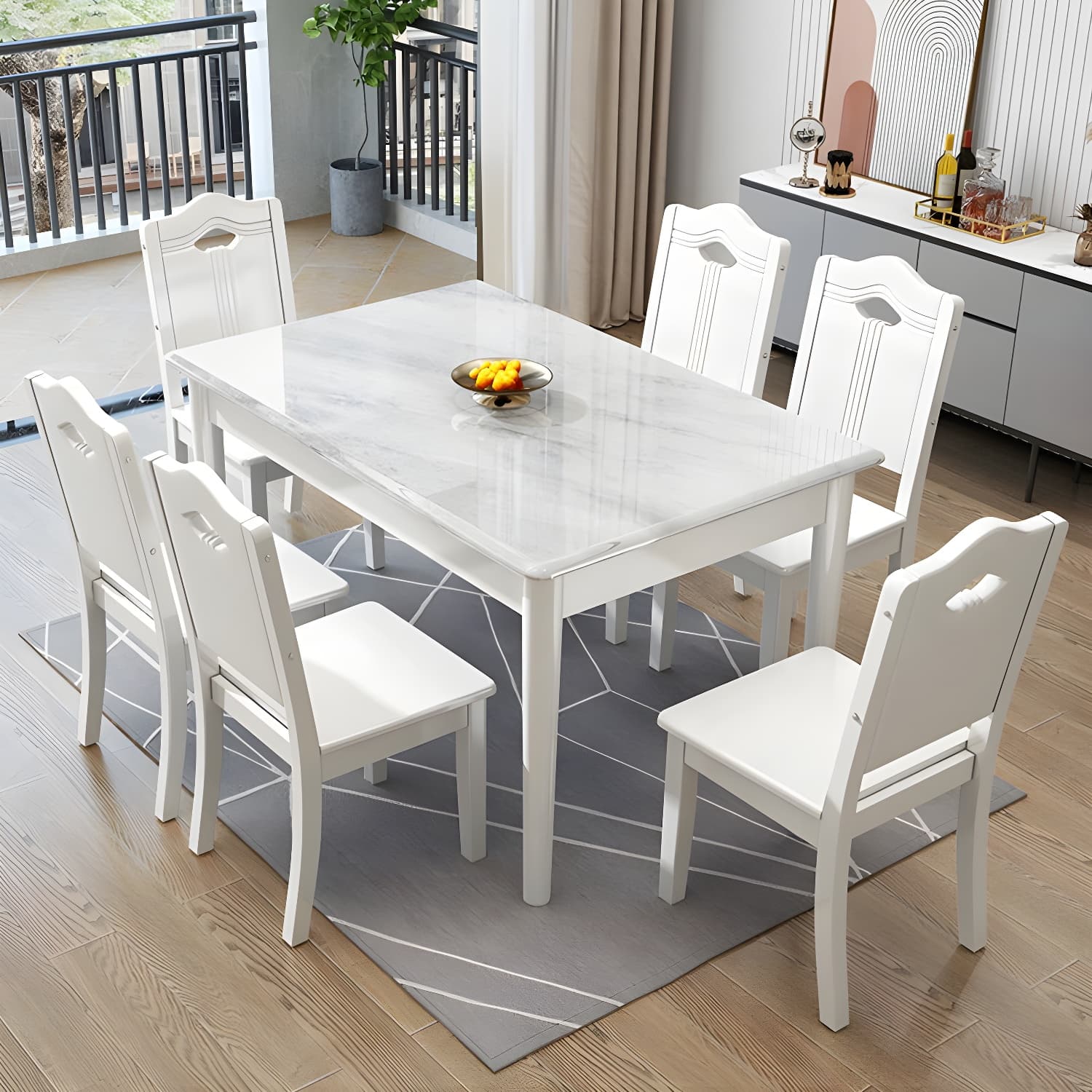 Modern White Marble Kitchen & Dining Room Set - Solid Wood Base, Faux Marble Top thumbnail 5