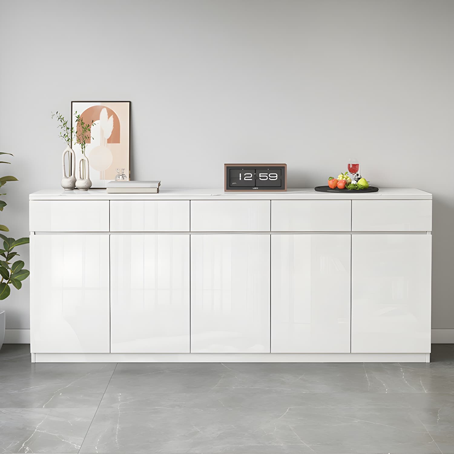 Modern White Buffet Cabinet with Stone Countertop and Wood Cabinets Included