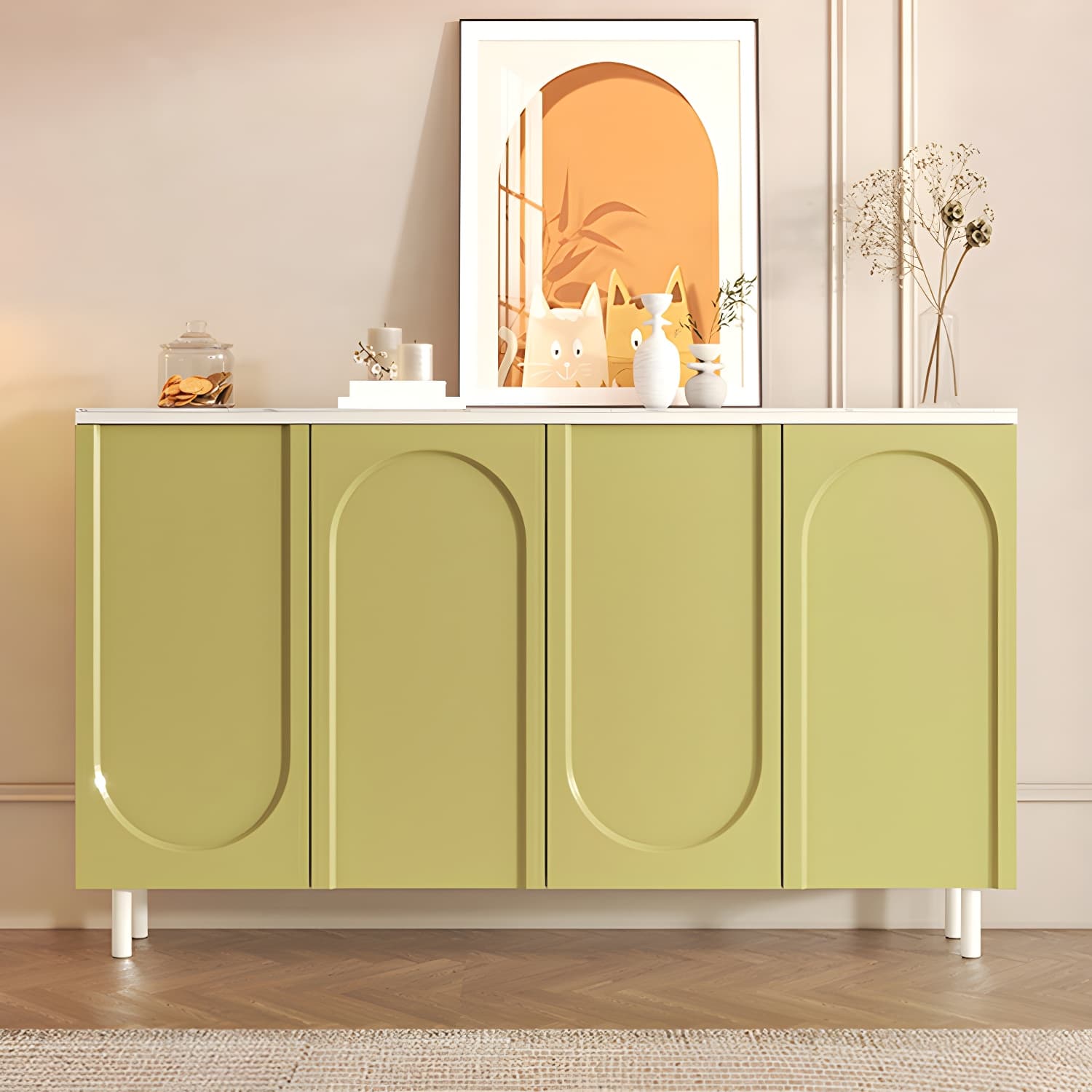Scandinavian Wood Sideboard Cabinet with Stone Countertop, Adjustable Shelves - image 6