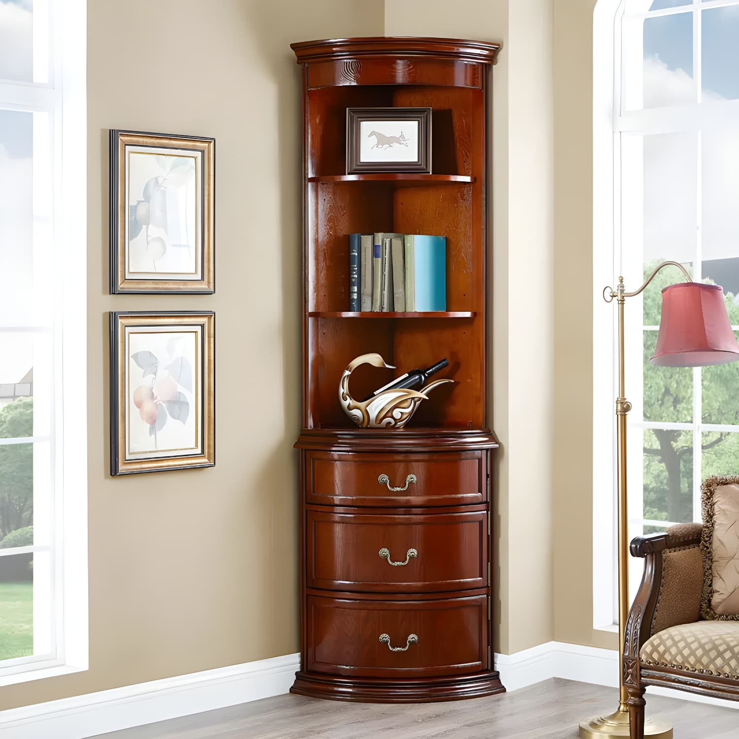 Corner Mid-Century Modern Accent Cabinet with Wood Countertop and Glass Doors thumbnail 14
