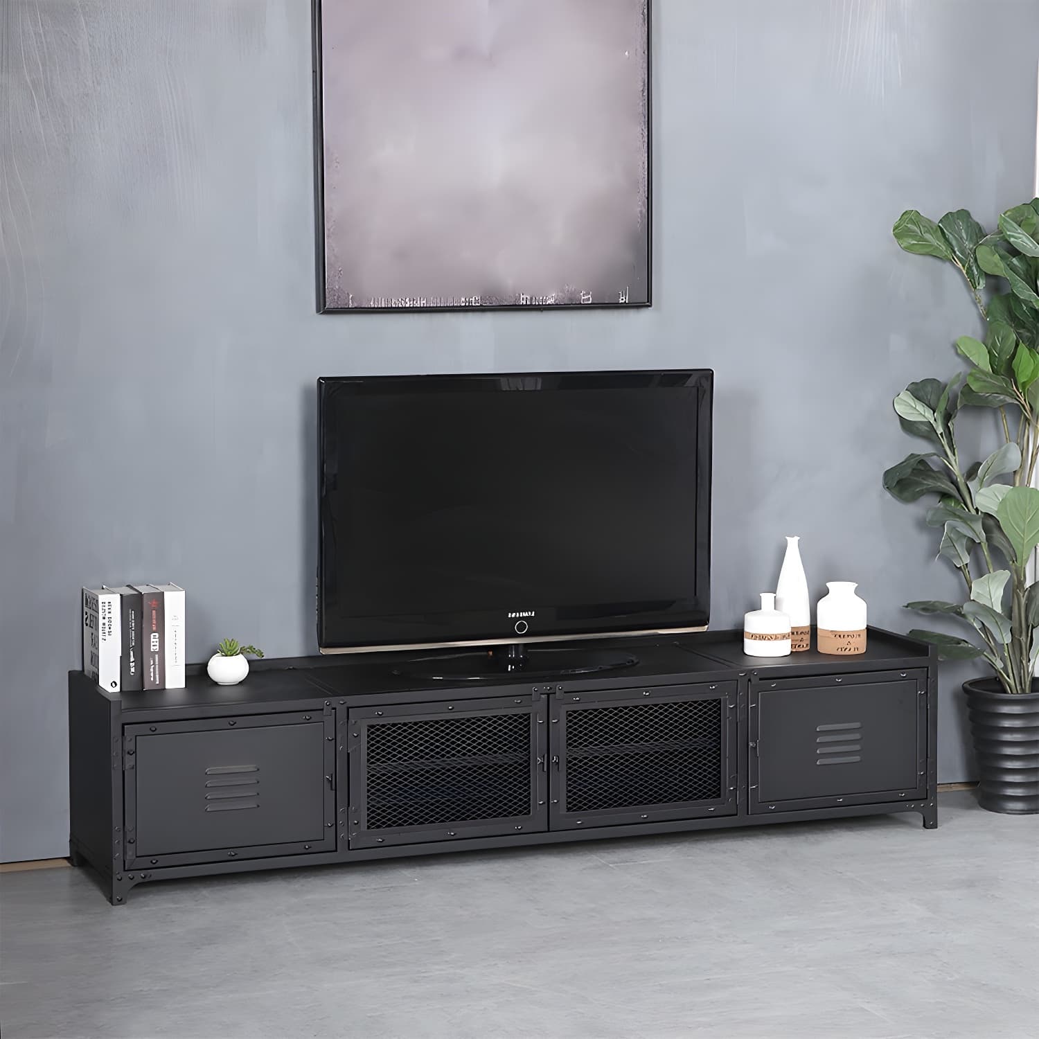 Industrial Style Metal TV Stand Black Colour Enclosed Storage TV Console with Cabinet thumbnail 4