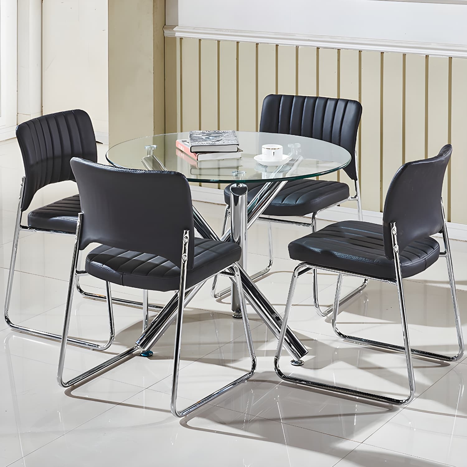 Modern Glass Round Dining Set with Three-Leg Metal Base - Clear, 36-inch Table thumbnail 4