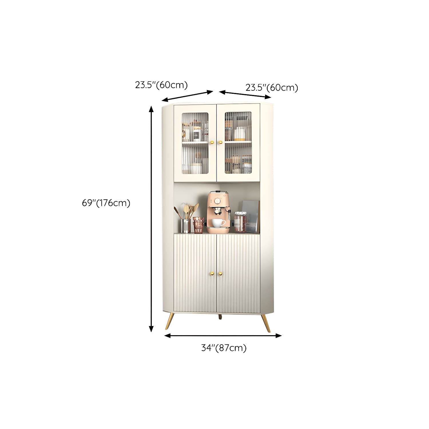 Modern Corner Accent Cabinet with White Wood Countertop, Glass Doors, and Gold Metal Base thumbnail 12