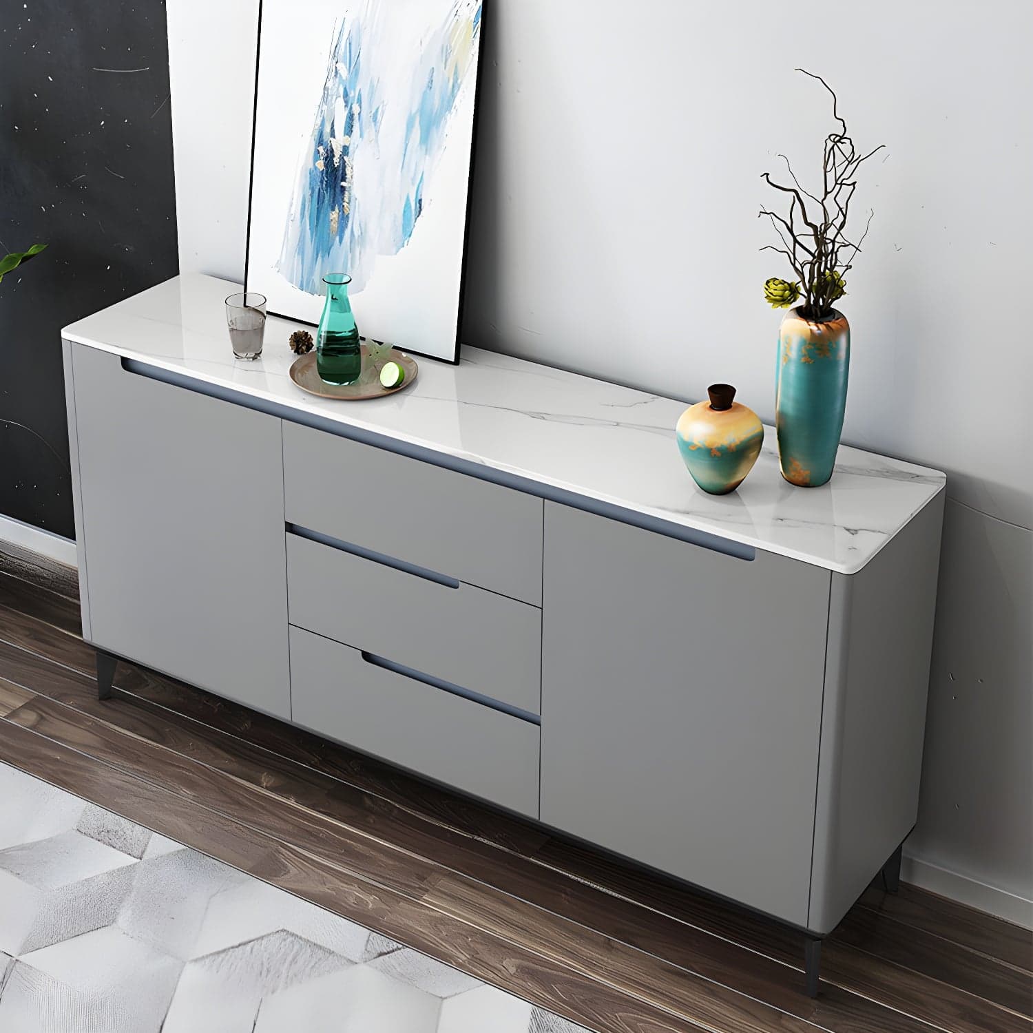 Modern Antique Finish Credenza 3 Drawer Sintered Stone Sideboard Cabinet thumbnail 5