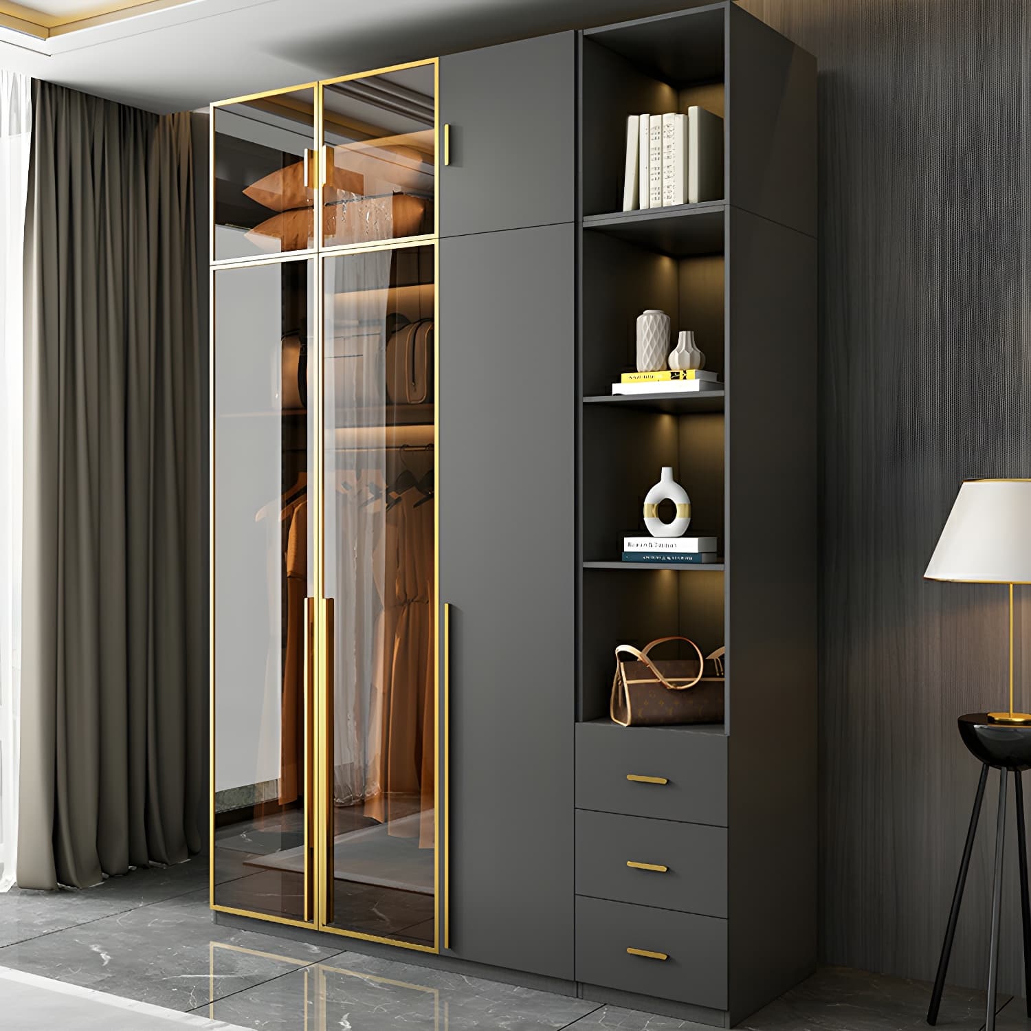 Modern Black Wood Wardrobe Armoire with Soft-Close Drawers & Clothing Rod thumbnail 10