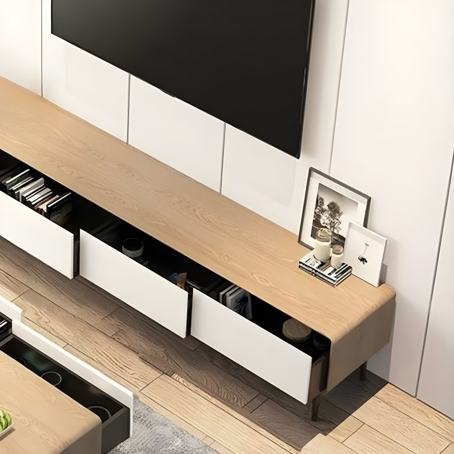 Modern Wooden Long and Low TV Stand with 4 Drawers, No Assembly Required, Dark Tone thumbnail 18