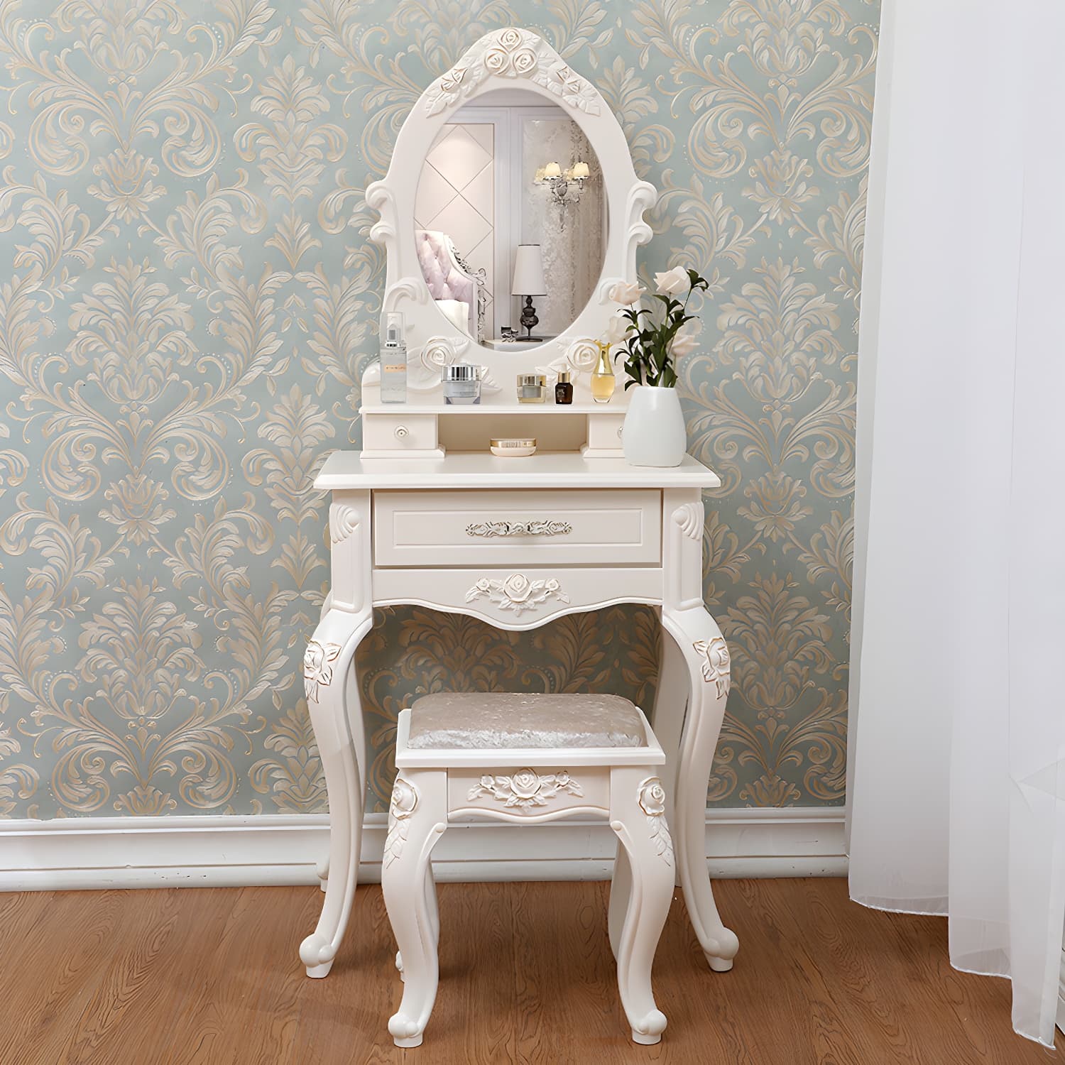 Victorian Bedroom With Drawer Mirror Solid Wood Makeup Vanity Set thumbnail 4