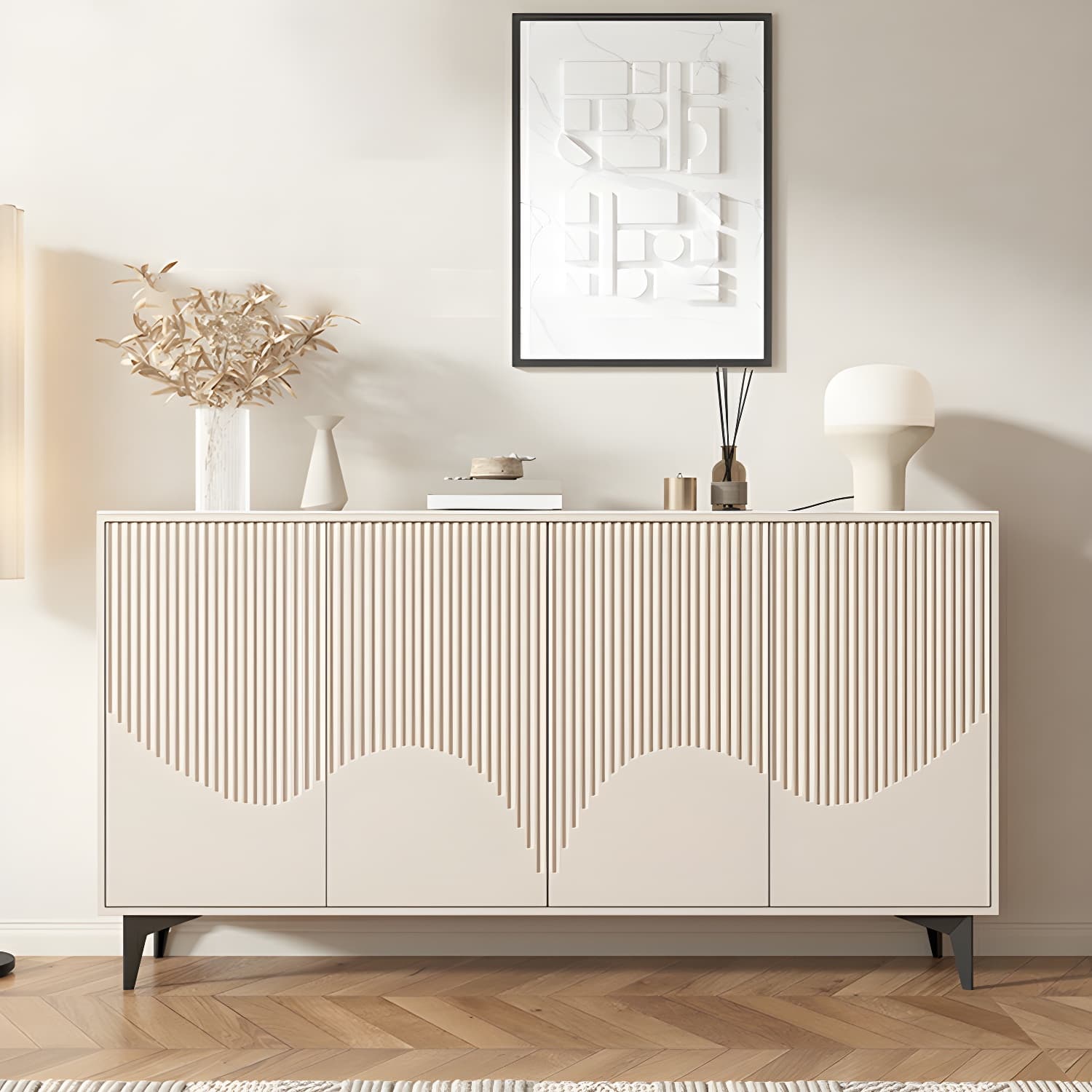 Modern White Wood Sideboard Credenza with Adjustable Shelving and 6 Interior Shelves