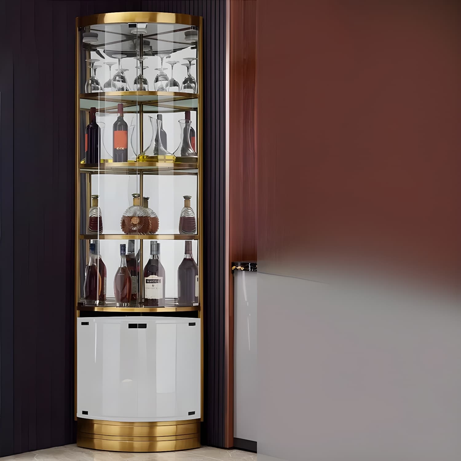 Corner Modern Accent Cabinet with Wood Counter Top, Glass Doors, and Metal Base thumbnail 8