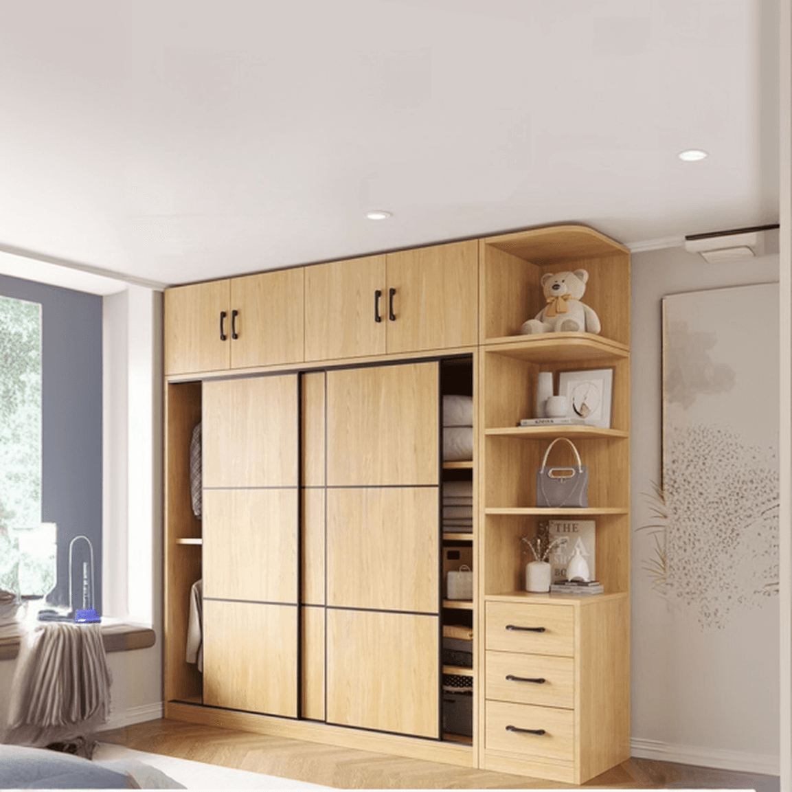 Natural Finish Modern Timber Self-supporting Wardrobe with Soft Close Drawer, Soft Close Door, and Clothing Rod thumbnail 1