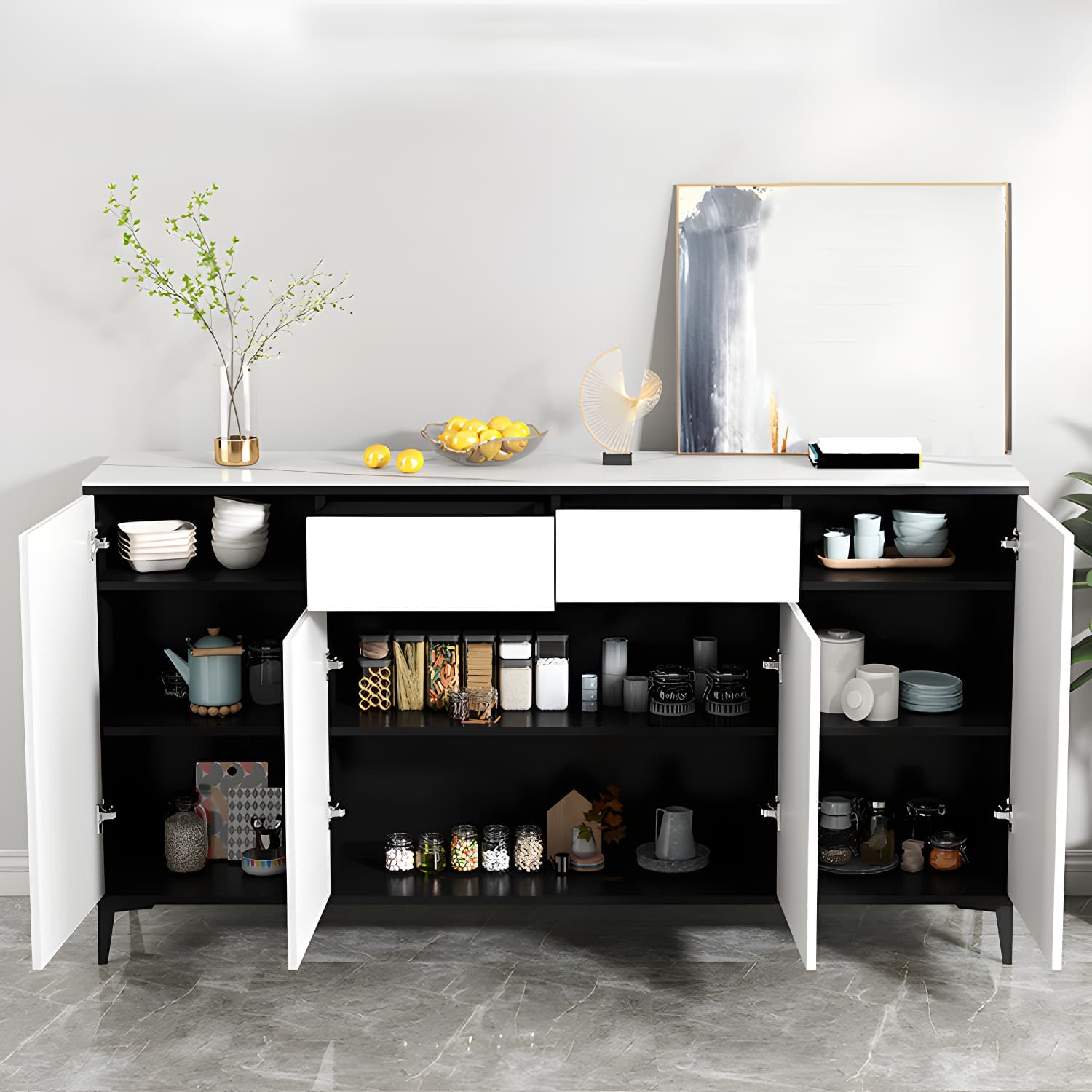 White Wood Buffet Sideboard with Drawers and Cabinet Included thumbnail 3