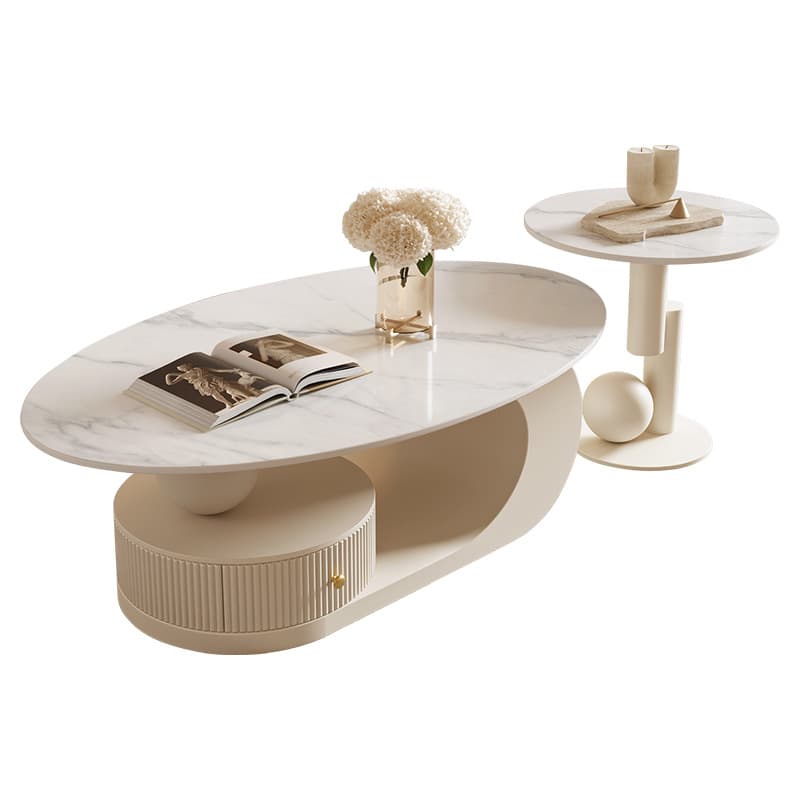 White/Midnight Black Scratch-proofed Oval Sintered Stone Board Game Coffee Table with Abstract Base and 1 Drawer for Living Room thumbnail 9