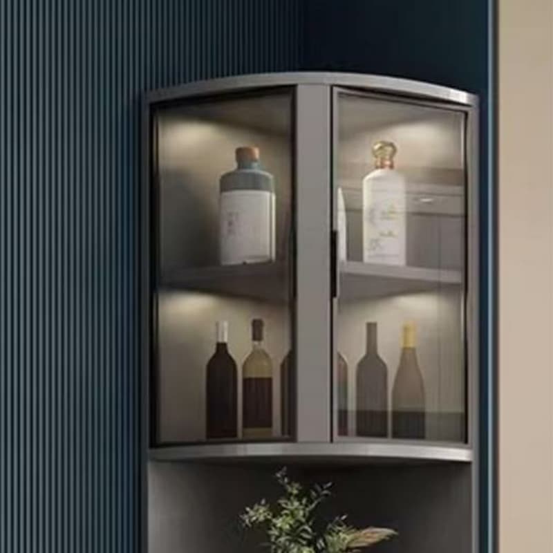 Modern Grey Corner Accent Cabinet with Gold Metal Base and Glass Doors thumbnail 6