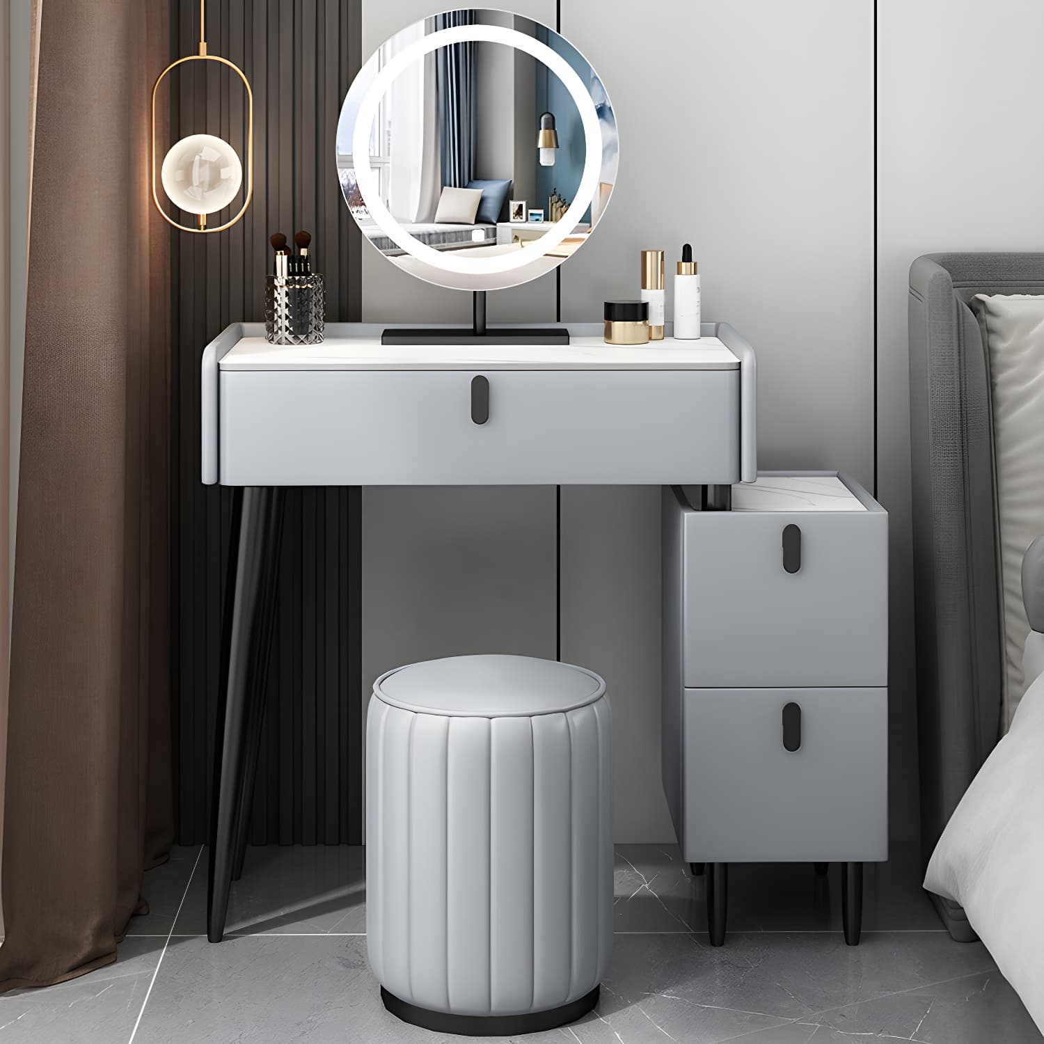 Contemporary Vanity Dressing Table Set with Mirror and Stool thumbnail 4