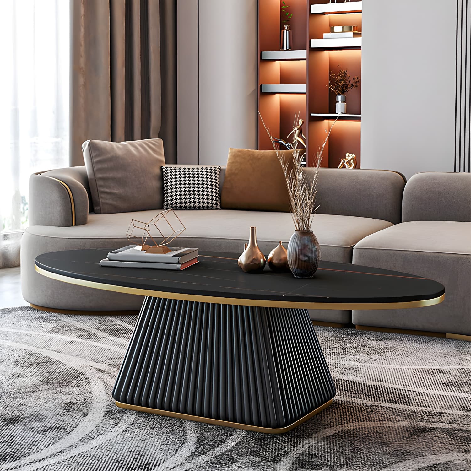 Elliptical Stone Coffee Table Pedestal 1 Single Cocktail Table - 17.72" H thumbnail 4