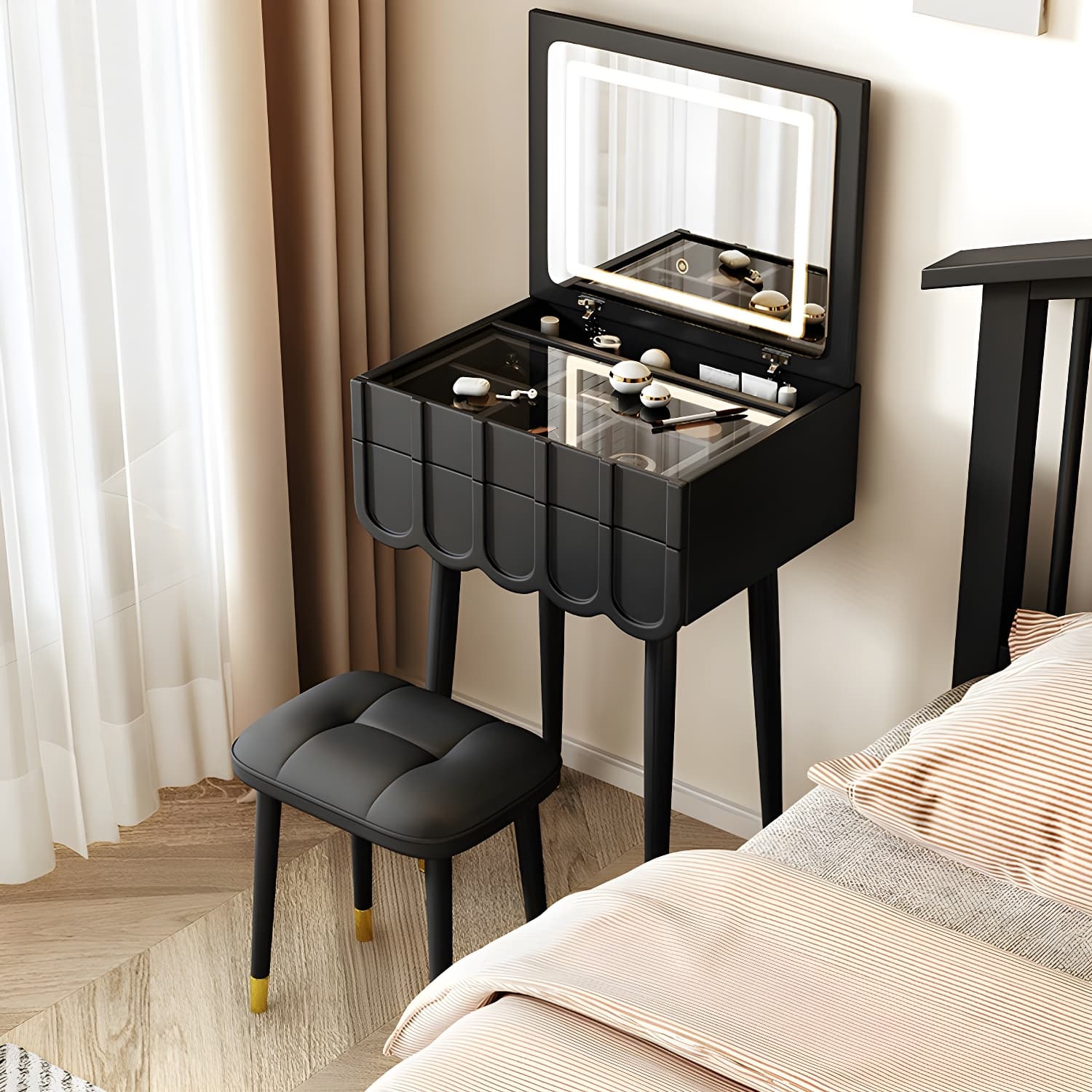 Elegant Vanity Set with Oak Top & Mirror & 2 Drawers & Comfortable Seat thumbnail 1
