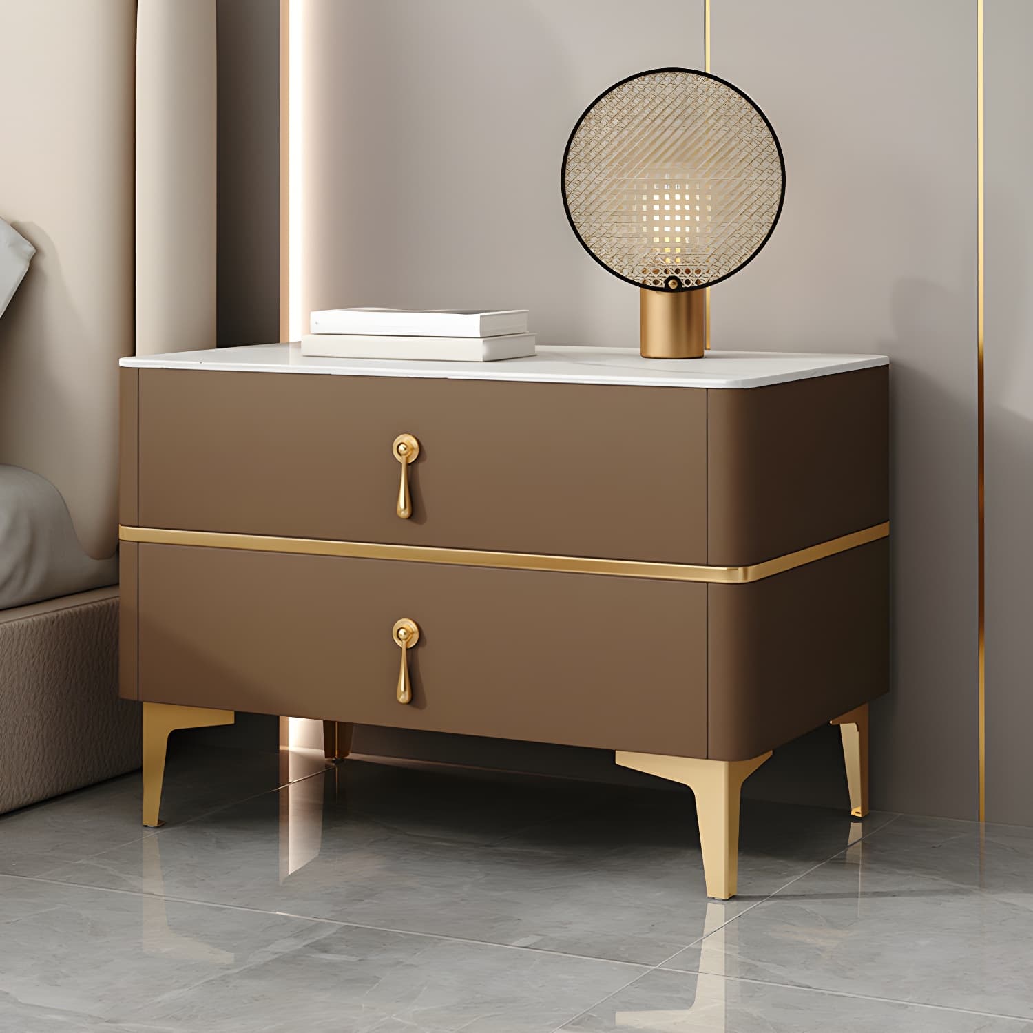 Glam Style Sintered Stone Top 2- Drawer Nightstand with Legs for Bedroom thumbnail 5