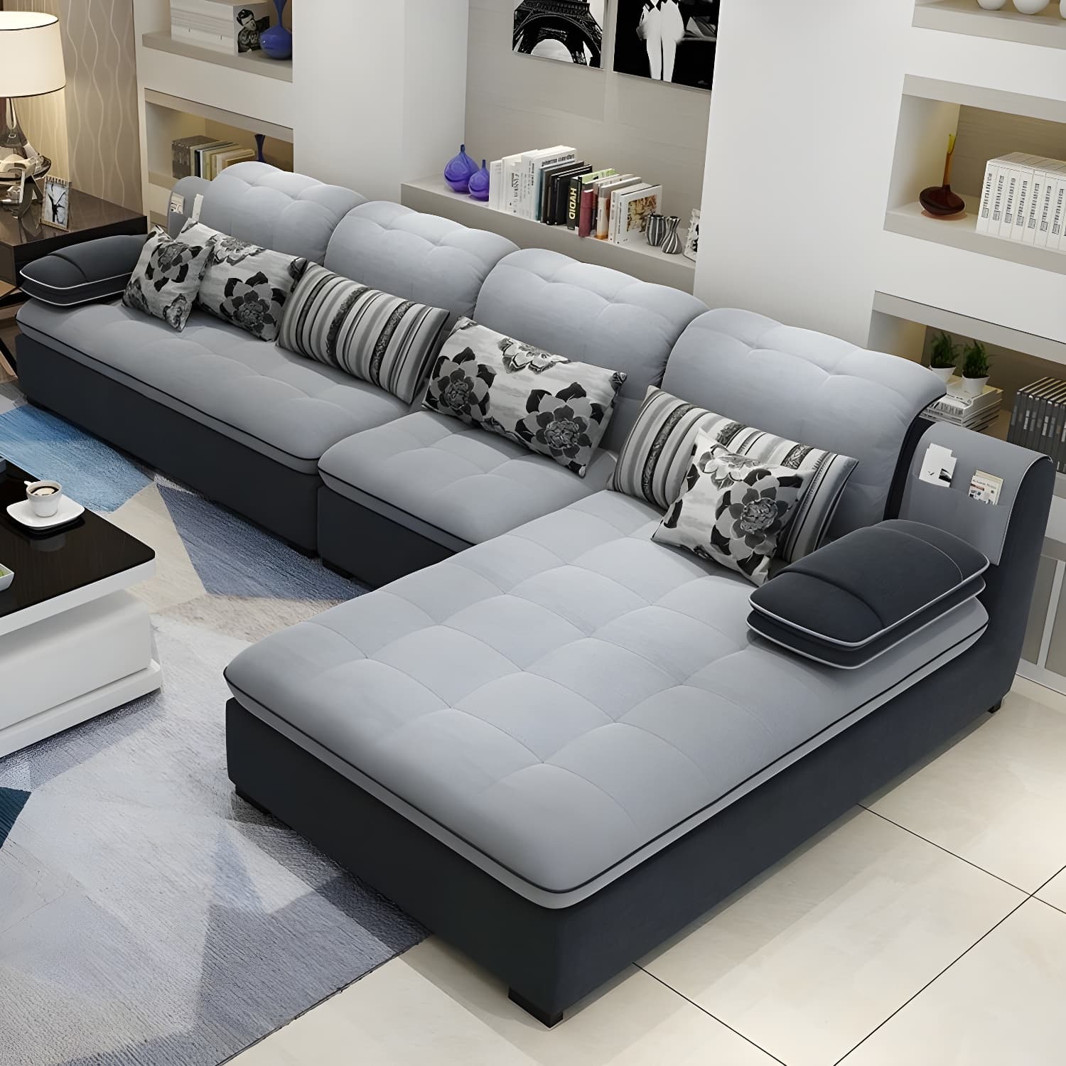 Modern Wood Frame L-Shaped Stationary Sofa Chaise with Adjustable Headrest and Storage Included thumbnail 14