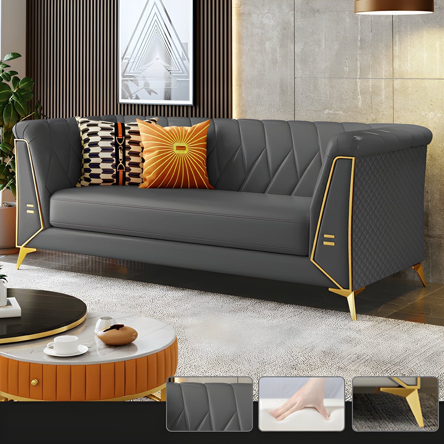 Glam Faux Leather Standard Sofa with Tuxedo Arms in Solid Color thumbnail 2