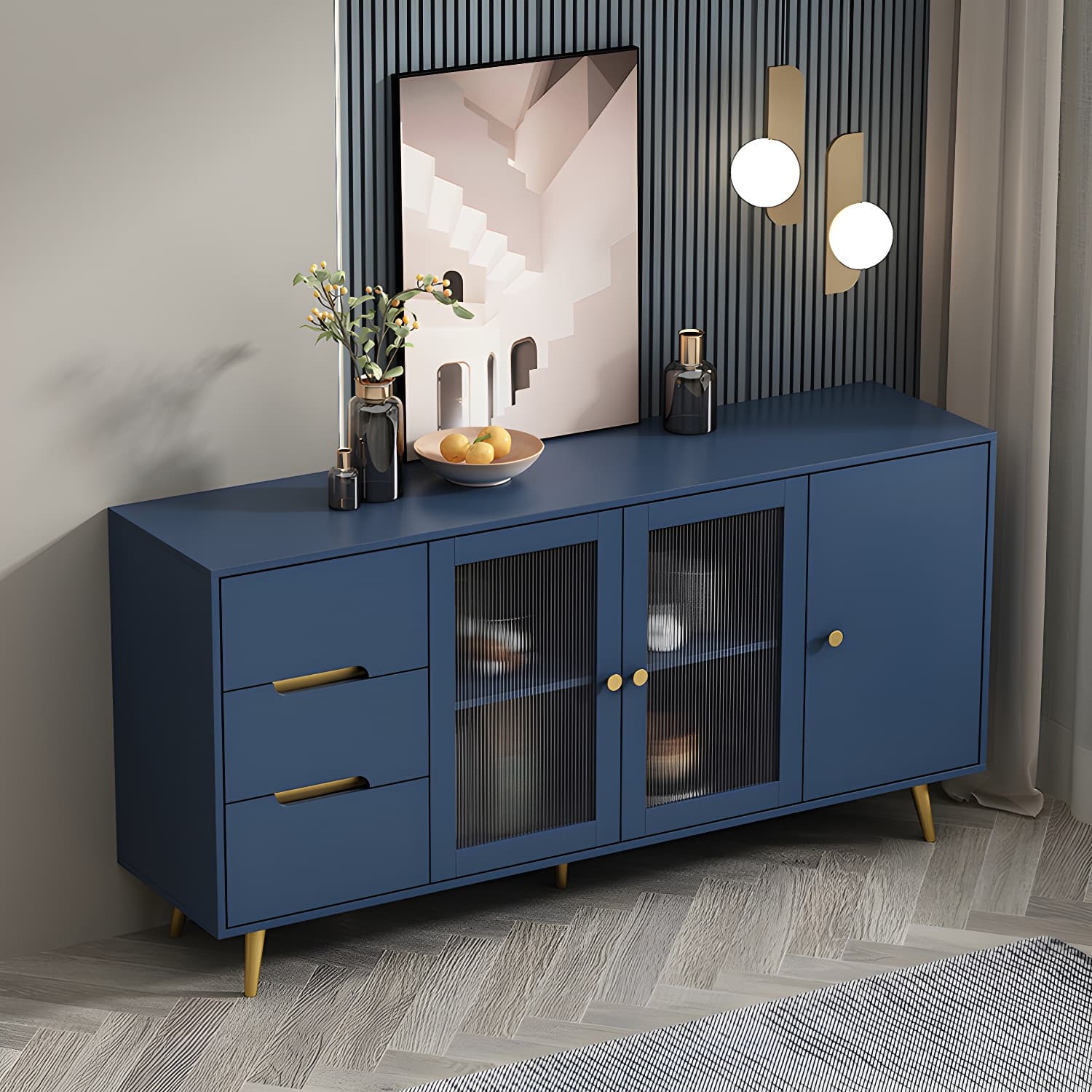 3-Drawer Engineered Wood Sideboard Modern Glass Doors Cabinets Credenza for Living Room thumbnail 7