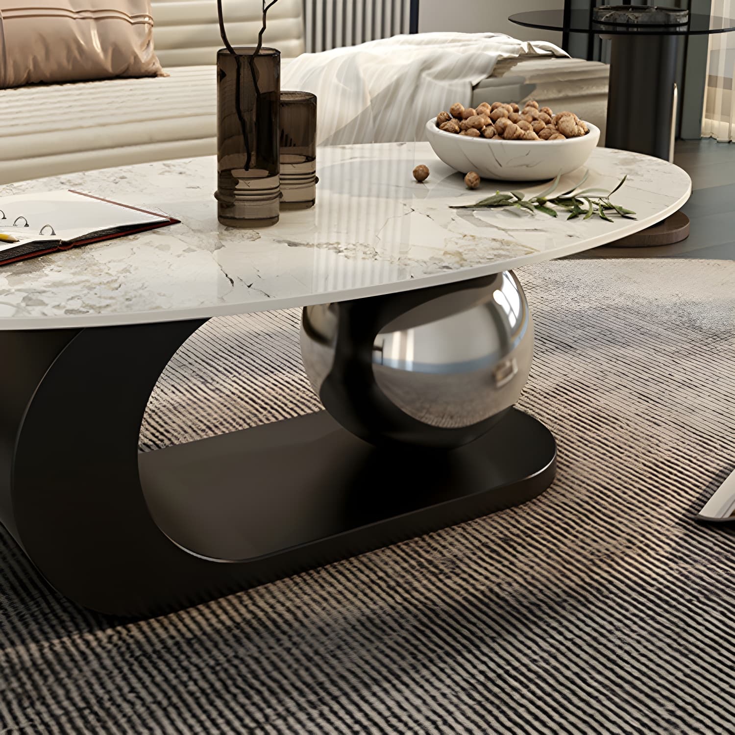 14"H Glam Coffee Table Slate Oval Pedestal Coffee Cocktail Table thumbnail 12
