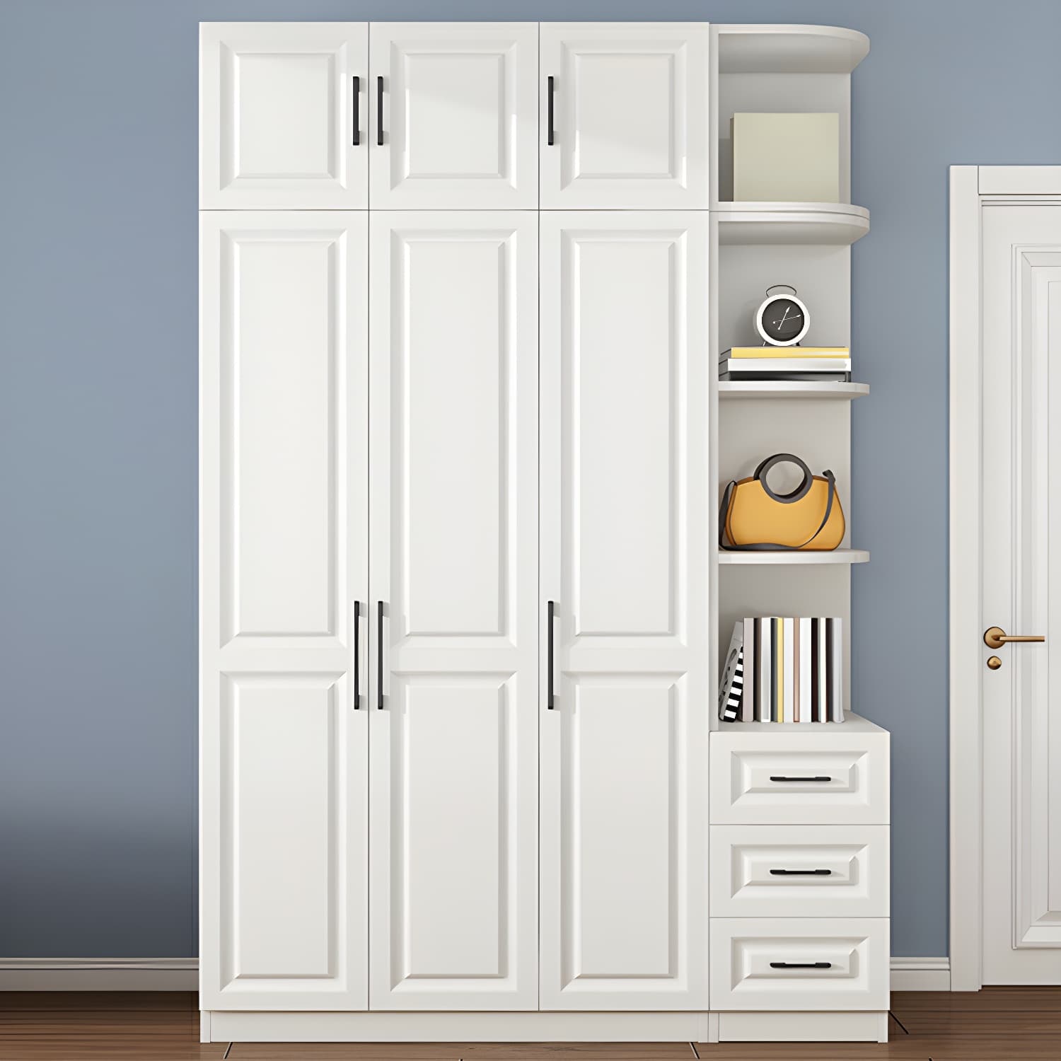 Modern White Wood Wardrobe Armoire with Shelves & Clothing Rod - Spacious and Stylish thumbnail 4