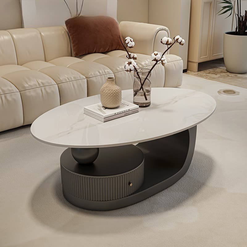 Modern Oval Stone Top Coffee Table, Abstract Iron Base, Scratch Resistant thumbnail 3
