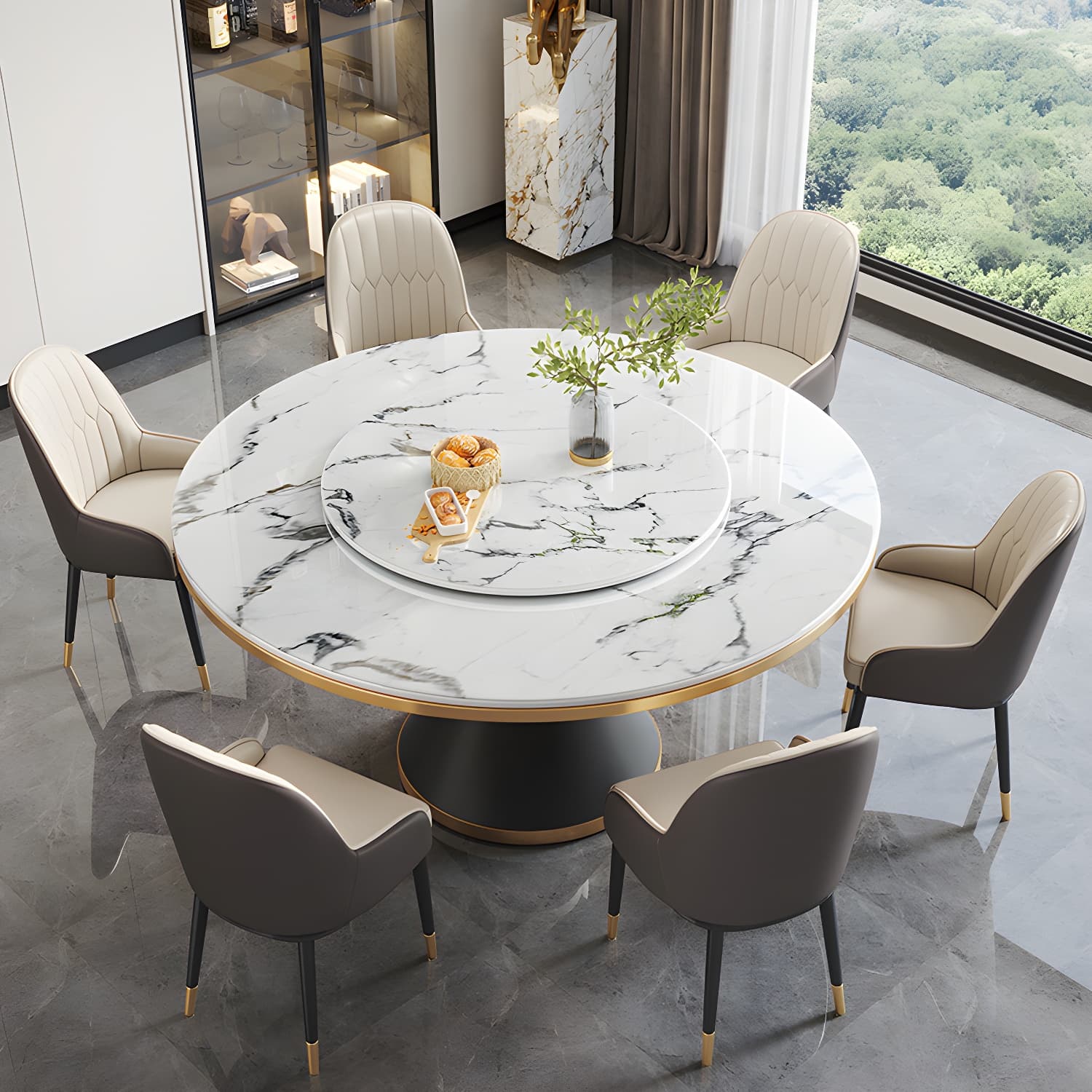 Modern Dining Set 1/5/7 Pcs Round Marble Dining Table and Upholstered Chairs thumbnail 1