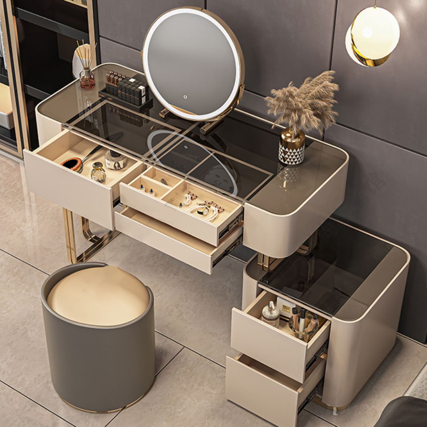 Luxurious Wood and Metal Make-up Vanity 5 Drawers & Lighted Mirror Dressing Table thumbnail 4