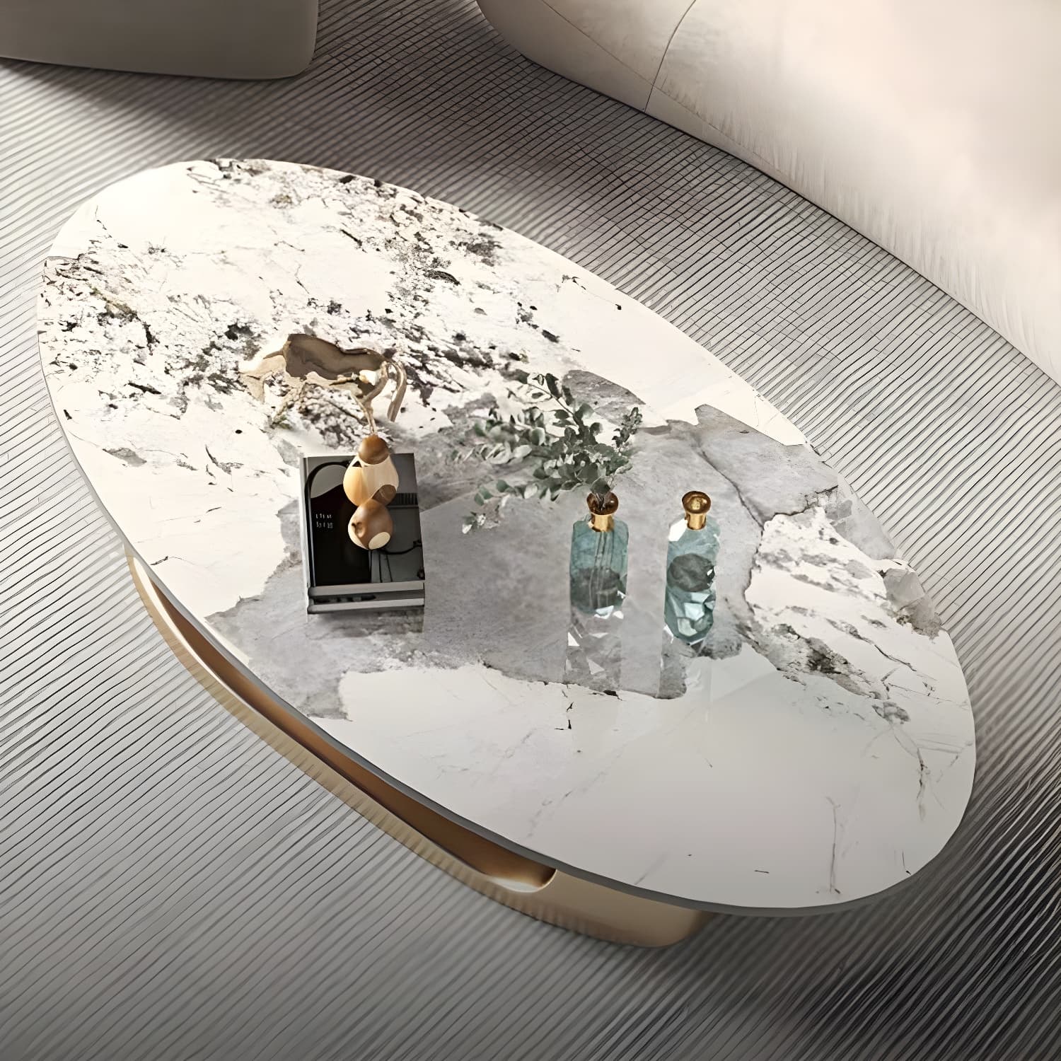 Glam Stone Coffee Table - Beige Oval Shape with Abstract Stainless Steel Base and Scratch Resistant thumbnail 6