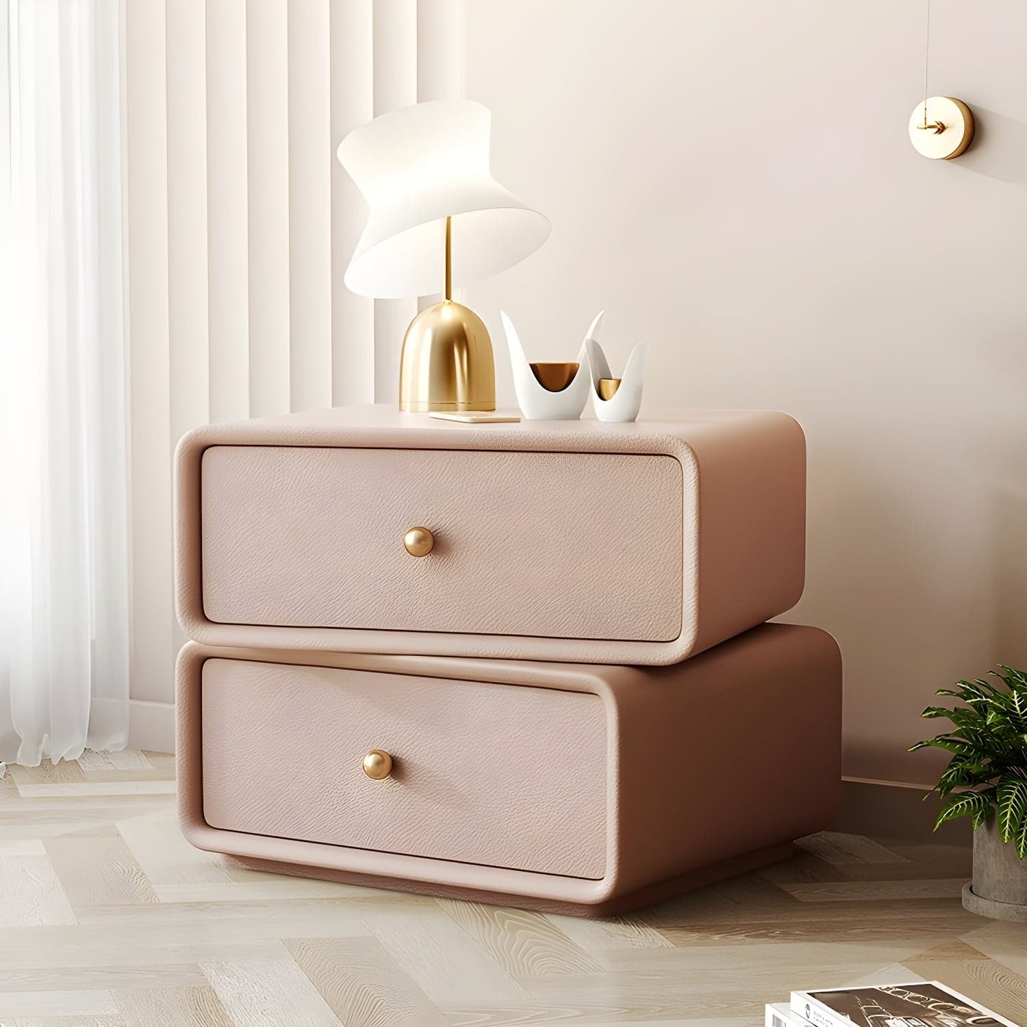 Modern Wood Nightstand with 2 Drawers - Faux Leather Countertop - Small and Stylish thumbnail 6