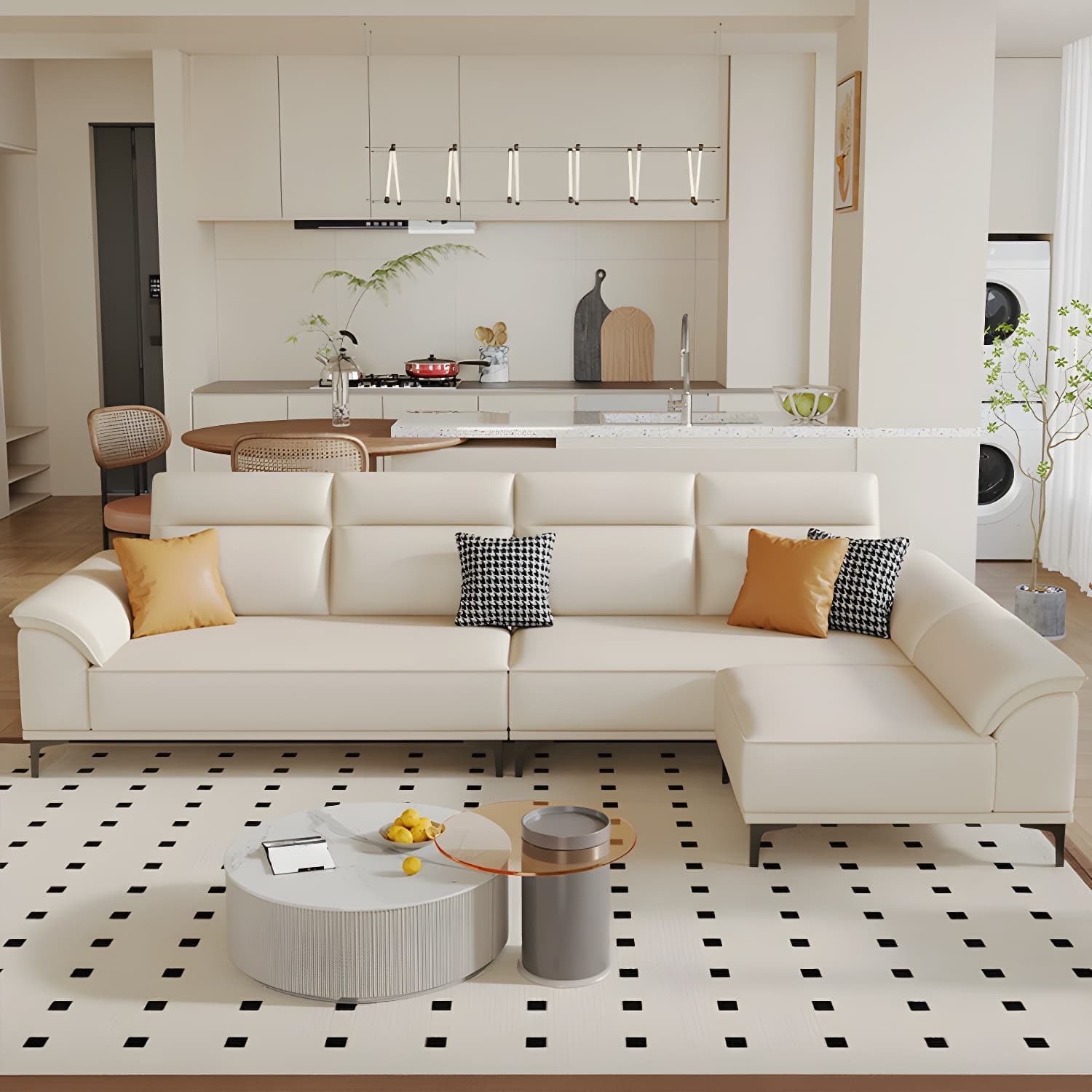 Modern Beige Faux Leather Sofa with Ottoman Included - Pillow Top Arm and Cushion Back thumbnail 2