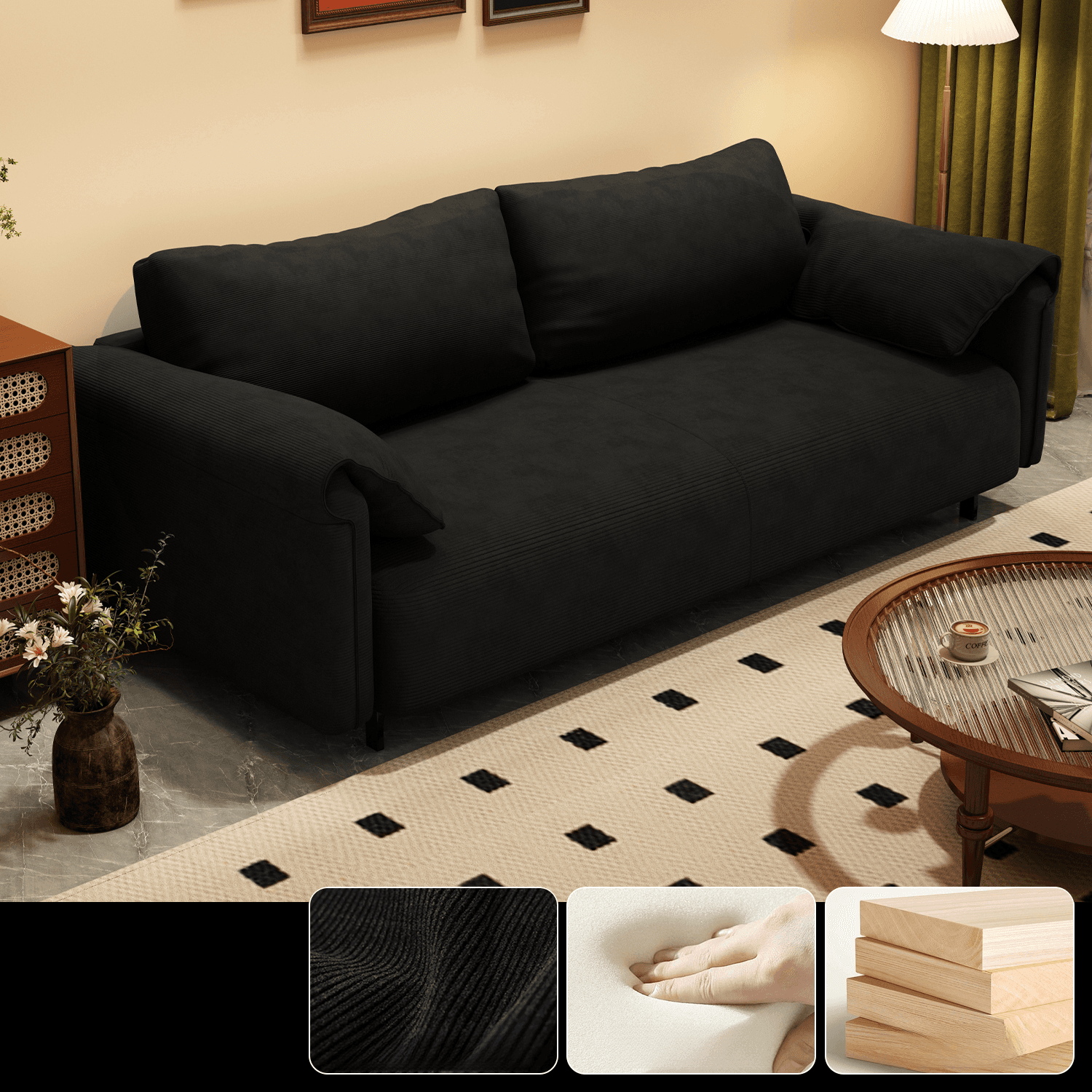 Modern Solid Color Tear Resistant Standard Sofa/Loveseat in Black/Ivory for 3-seater/Seats 2 thumbnail 1